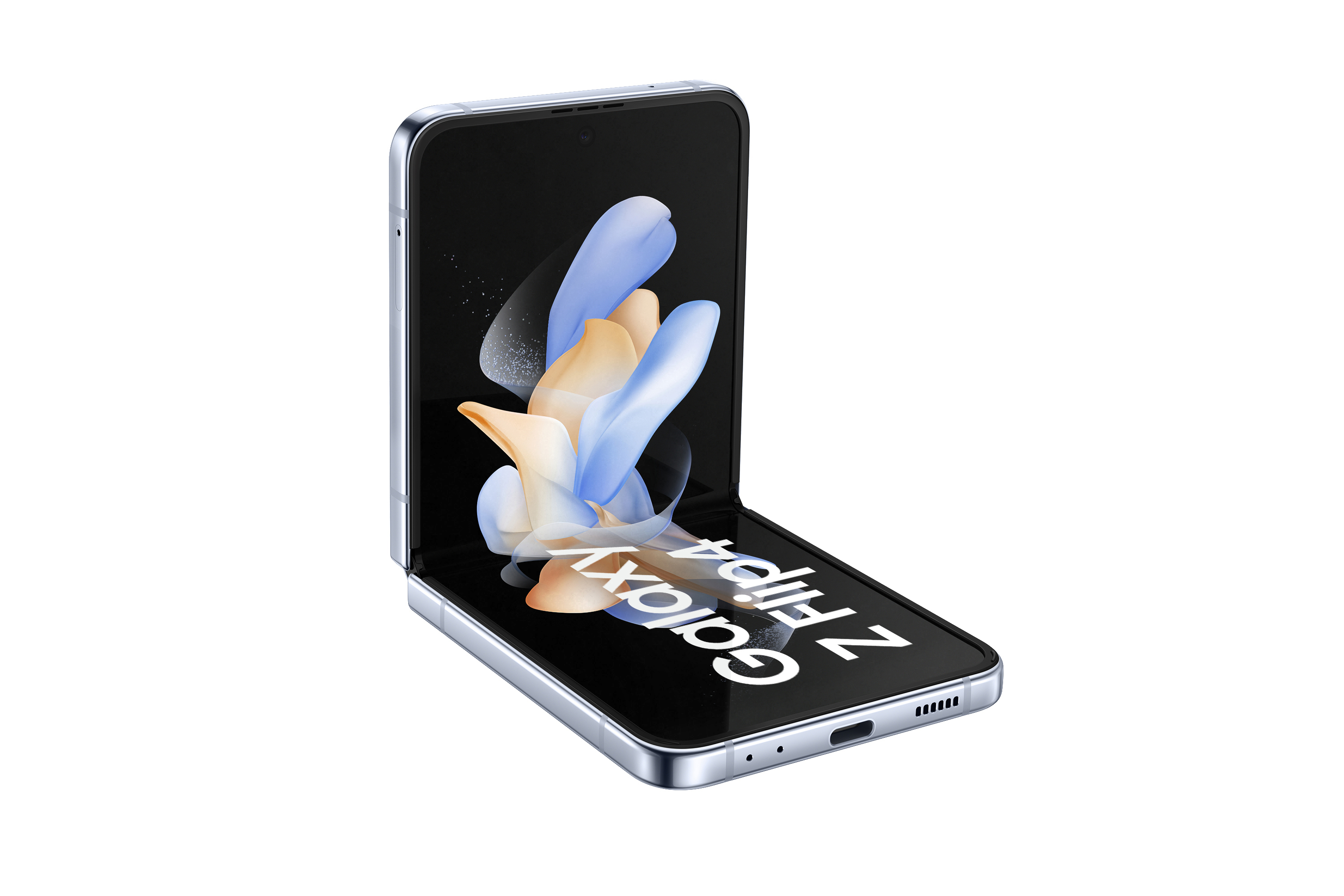 Samsung Galaxy Z Flip4 in Silber, geöffnet, mit farbenfrohem Bildschirm.