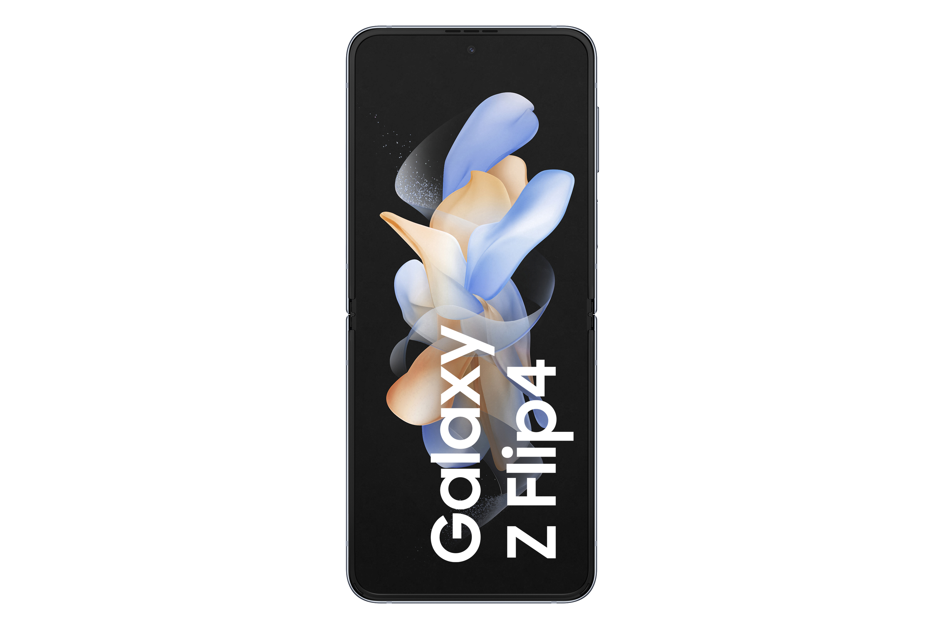 Faltbares Telefon mit floralem Design auf dem Bildschirm und den Worten Galaxy Z Flip4.