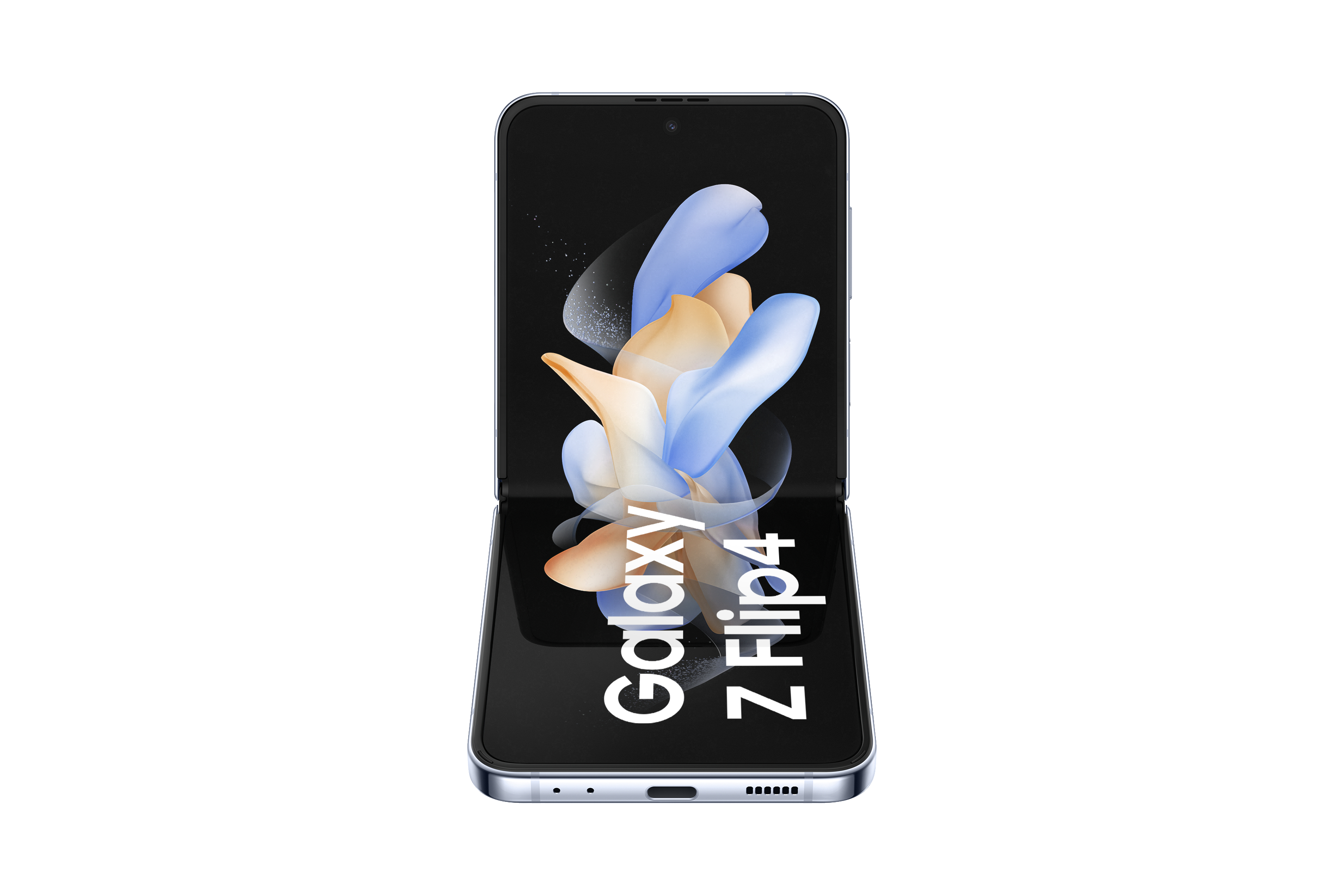 Galaxy Z Flip4 Telefon geöffnet. Telefon zeigt farbenfrohes abstraktes Bild. Telefon hat silbernen Rahmen.