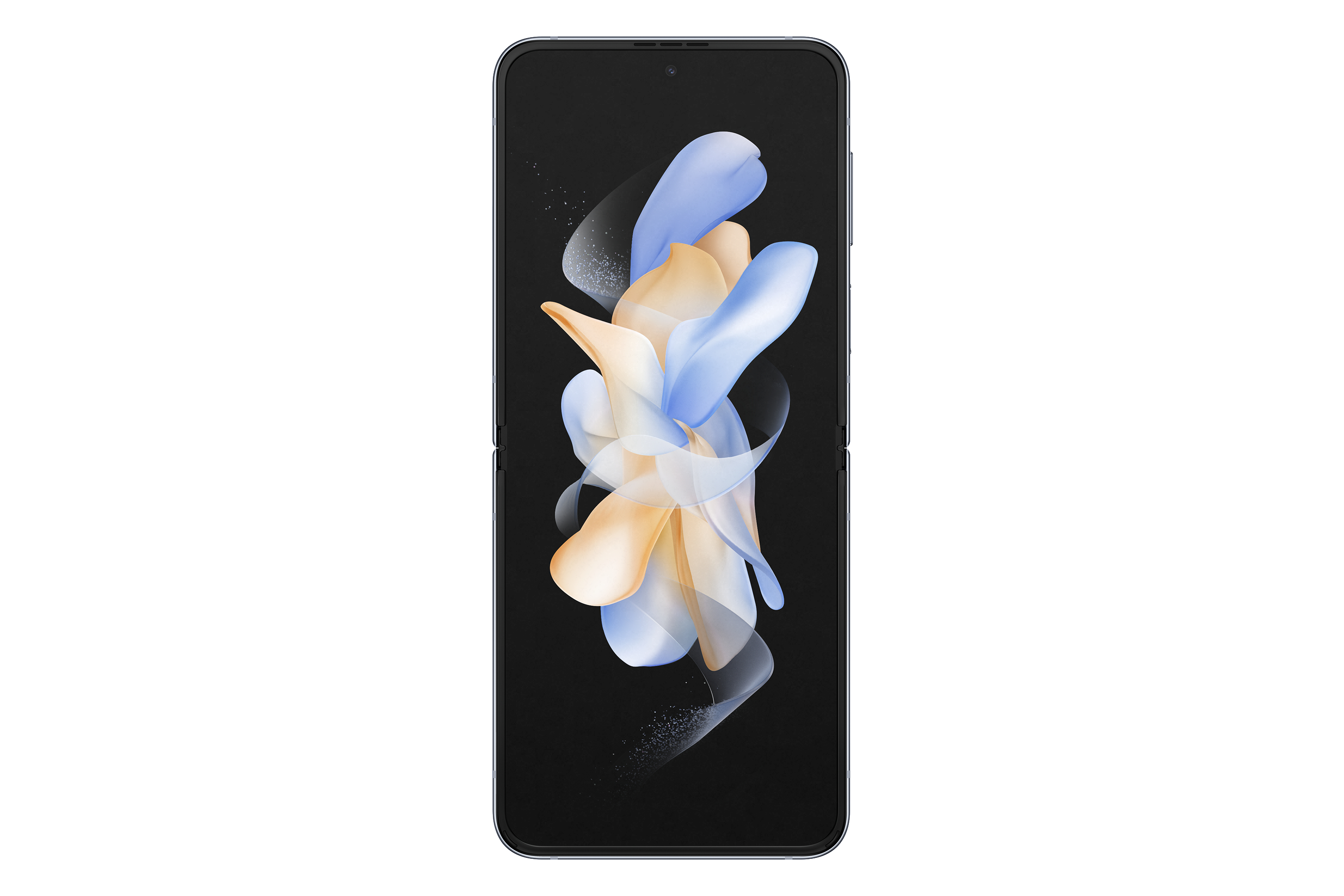 Ein Samsung Galaxy Z Flip4 auf weißem Hintergrund. Das Telefon ist geöffnet und zeigt ein buntes abstraktes Bild.
