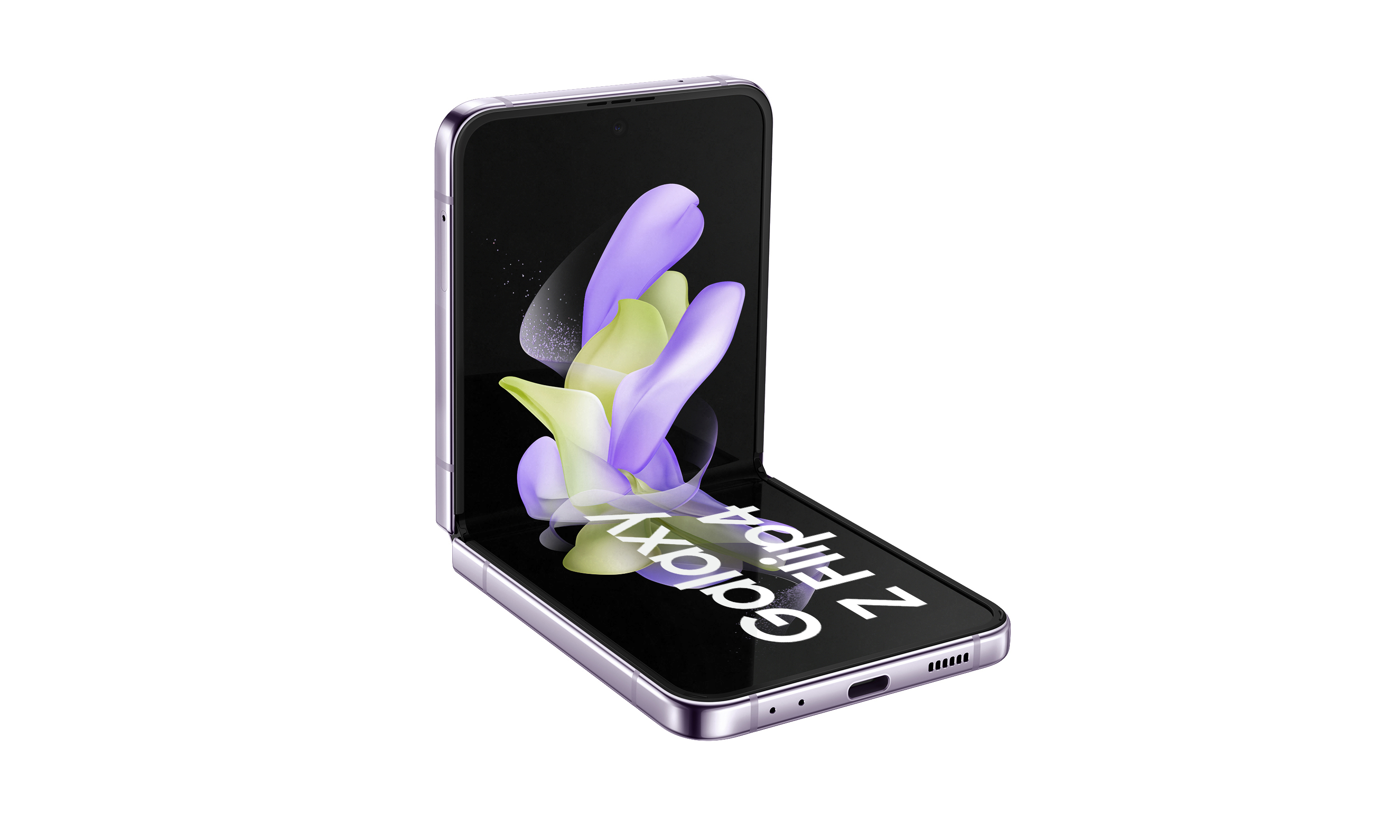 Samsung Galaxy Z Flip4 Smartphone in Lila. Das Telefon ist teilweise geöffnet dargestellt.