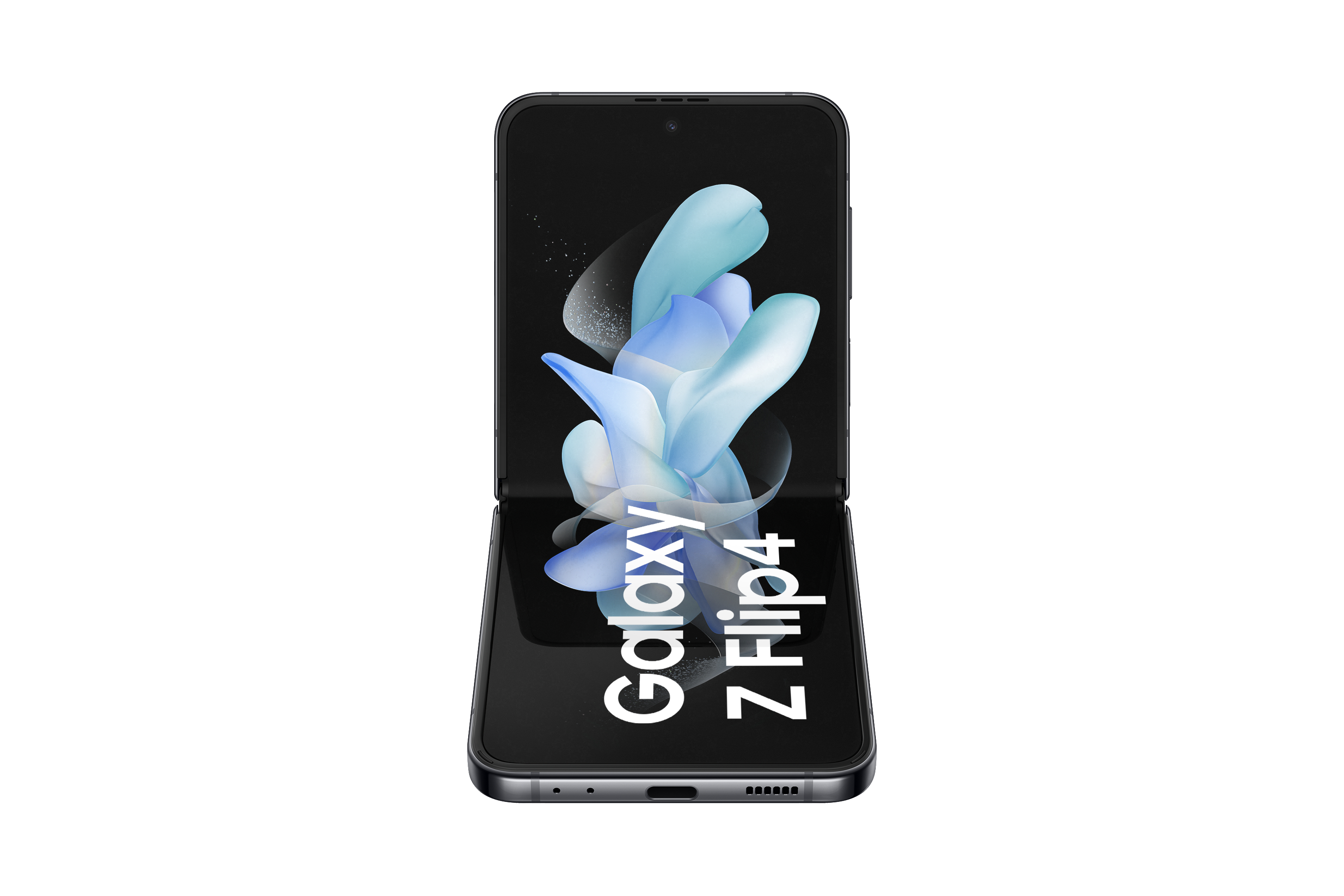 Faltbares schwarzes Smartphone, offen. Zeigt weißen Text: Galaxy Z Flip4. Weißer Hintergrund.