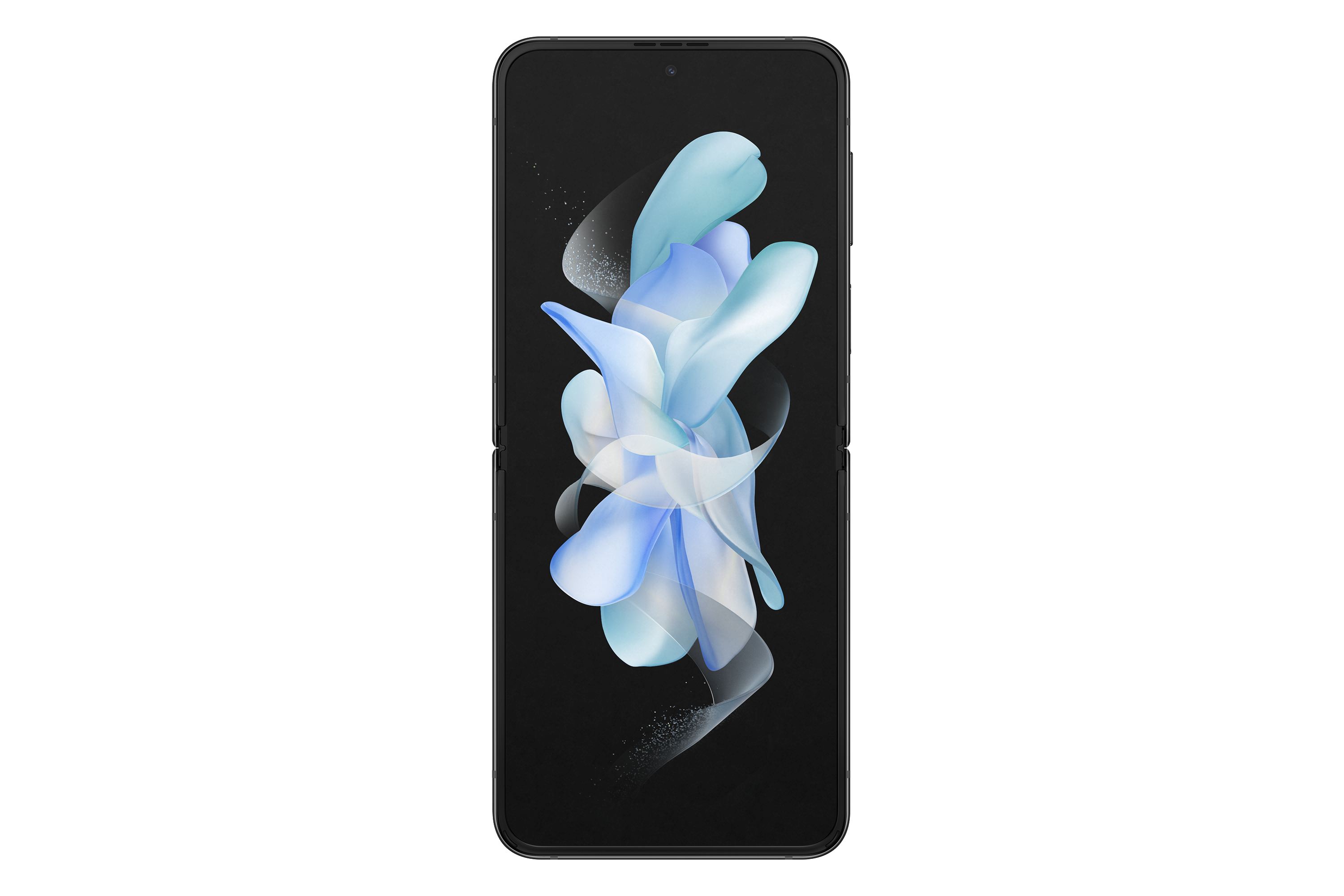 Schwarzes faltbares Telefon offen. Zeigt ein stilisiertes blaues und weißes abstraktes Bild.