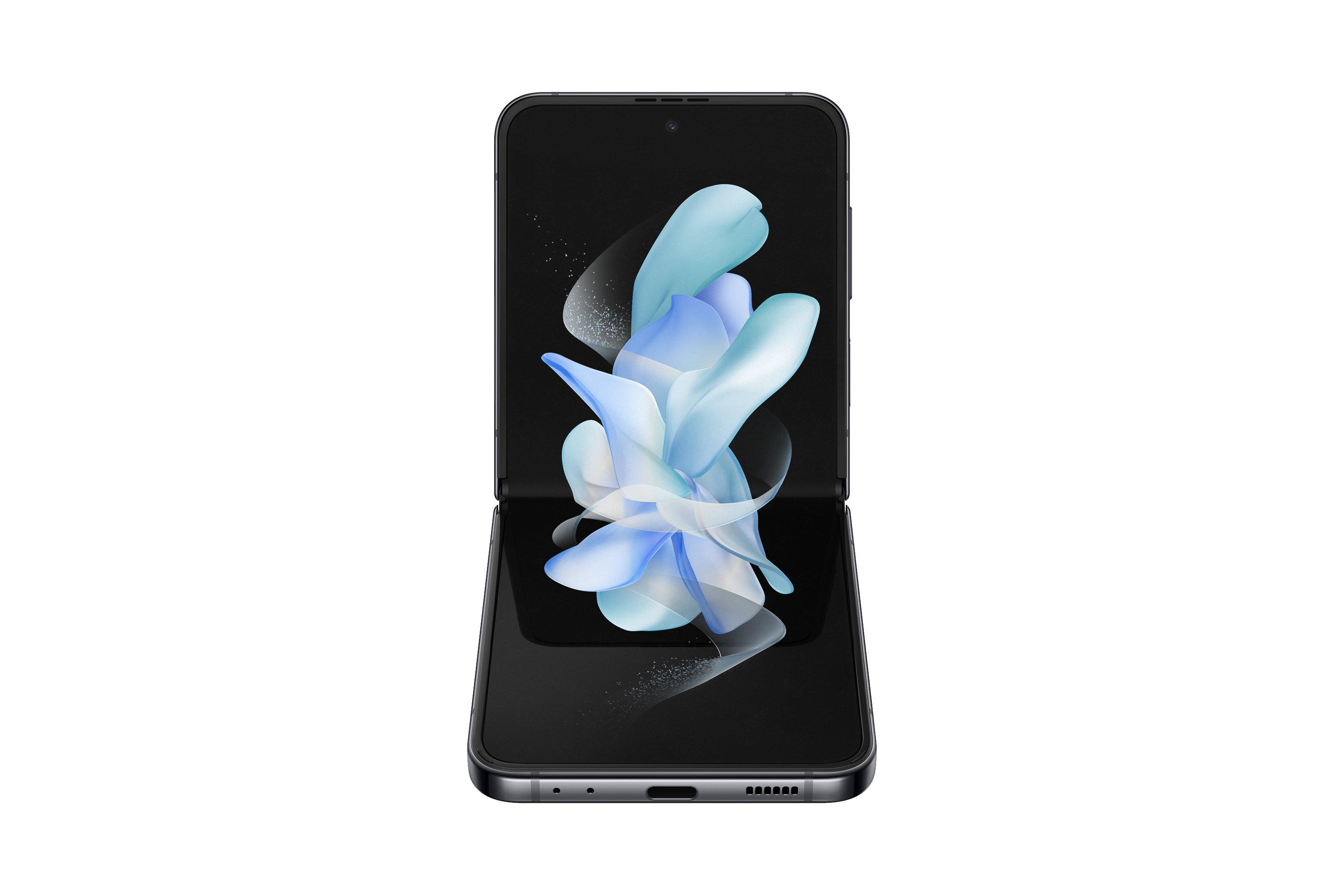 Ein geschlossenes faltbares Telefon. Seine Bildschirme sind schwarz. Das Telefon ist silberfarben.