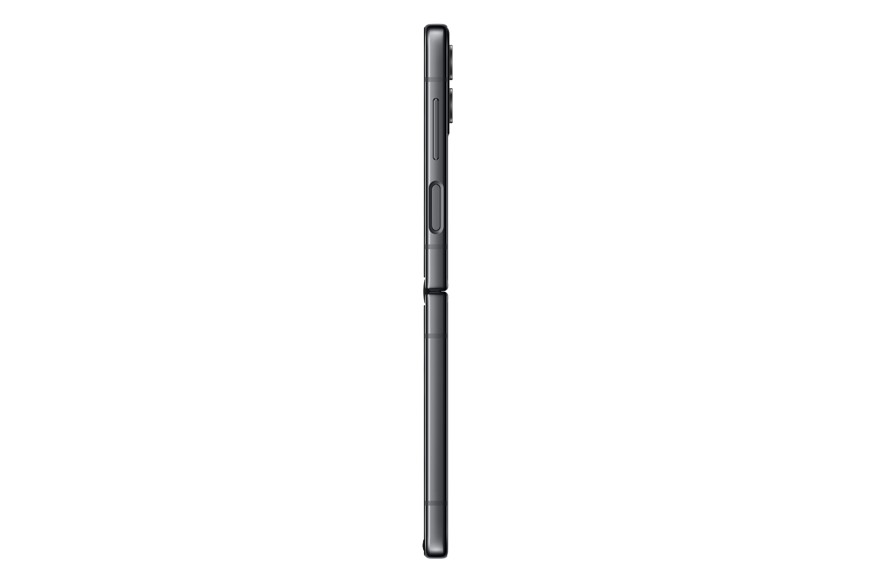 Seitenansicht eines geschlossenen dunkelgrauen Samsung Galaxy Z Flip4.