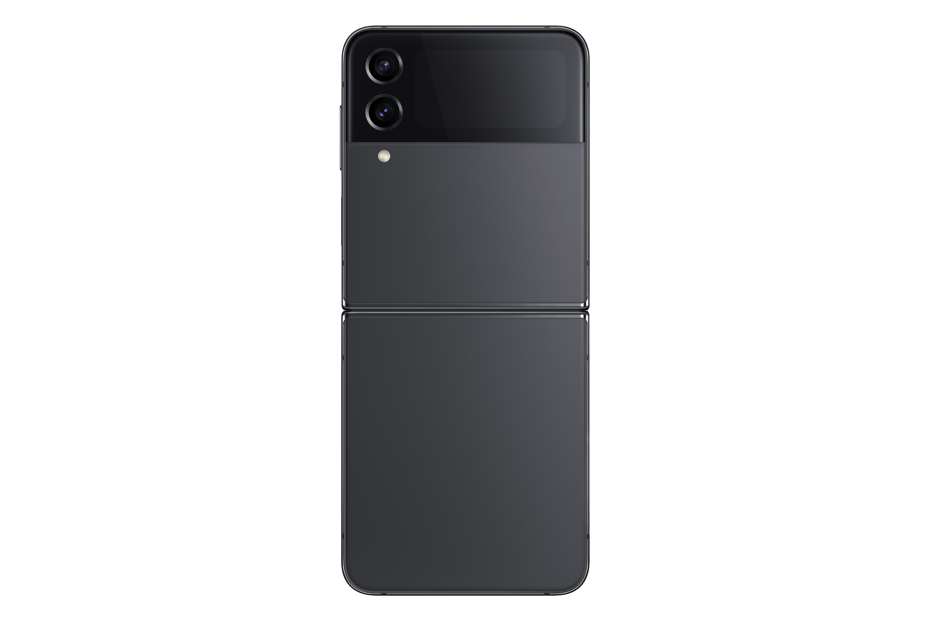 Gefaltetes dunkelgraues Samsung-Handy. Zwei Kameras oben, kleines Display außen. Weißer Hintergrund.