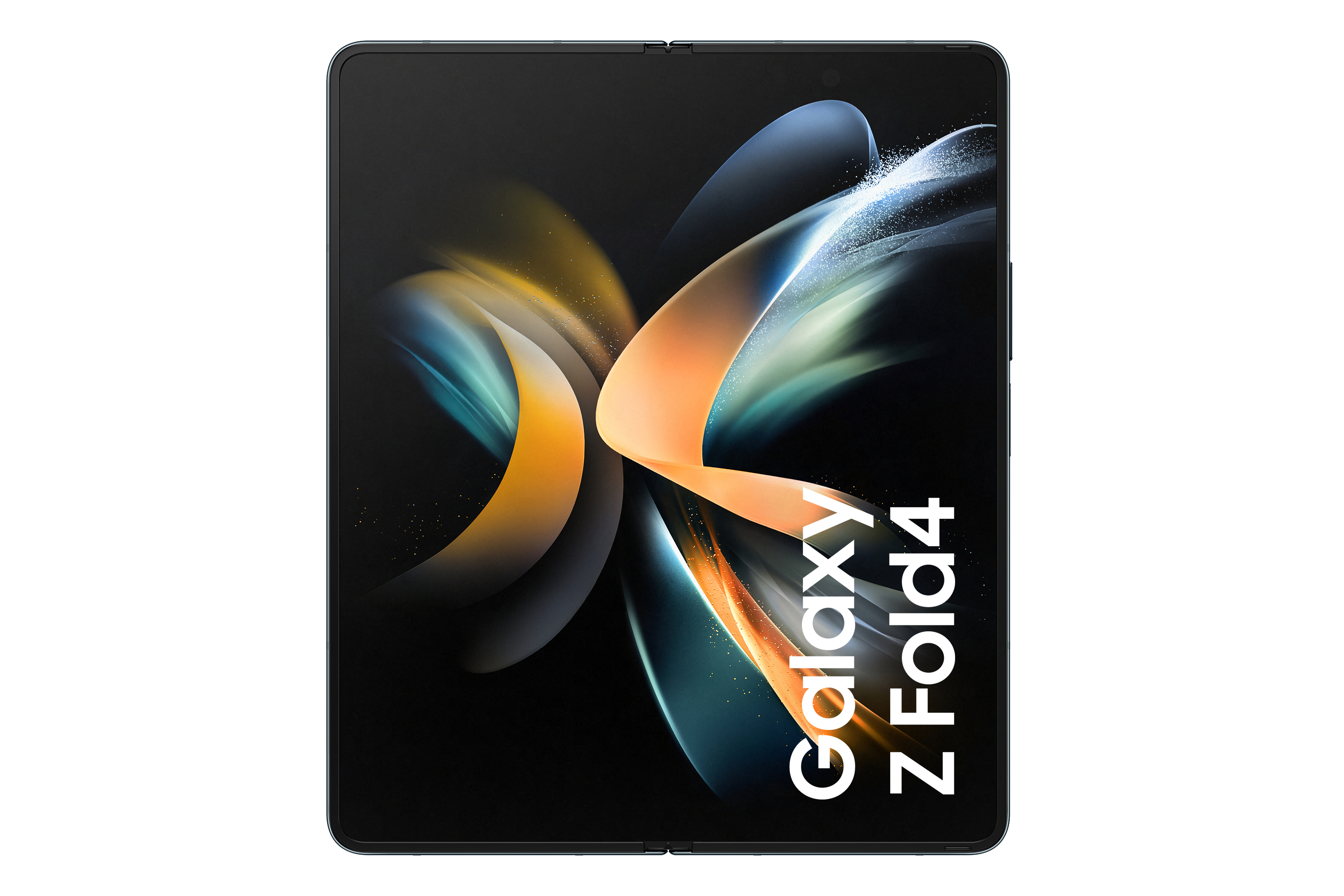 Faltbares Telefon Galaxy Z Fold4, schwarz, geöffnet, mit farbenfrohem Bild.