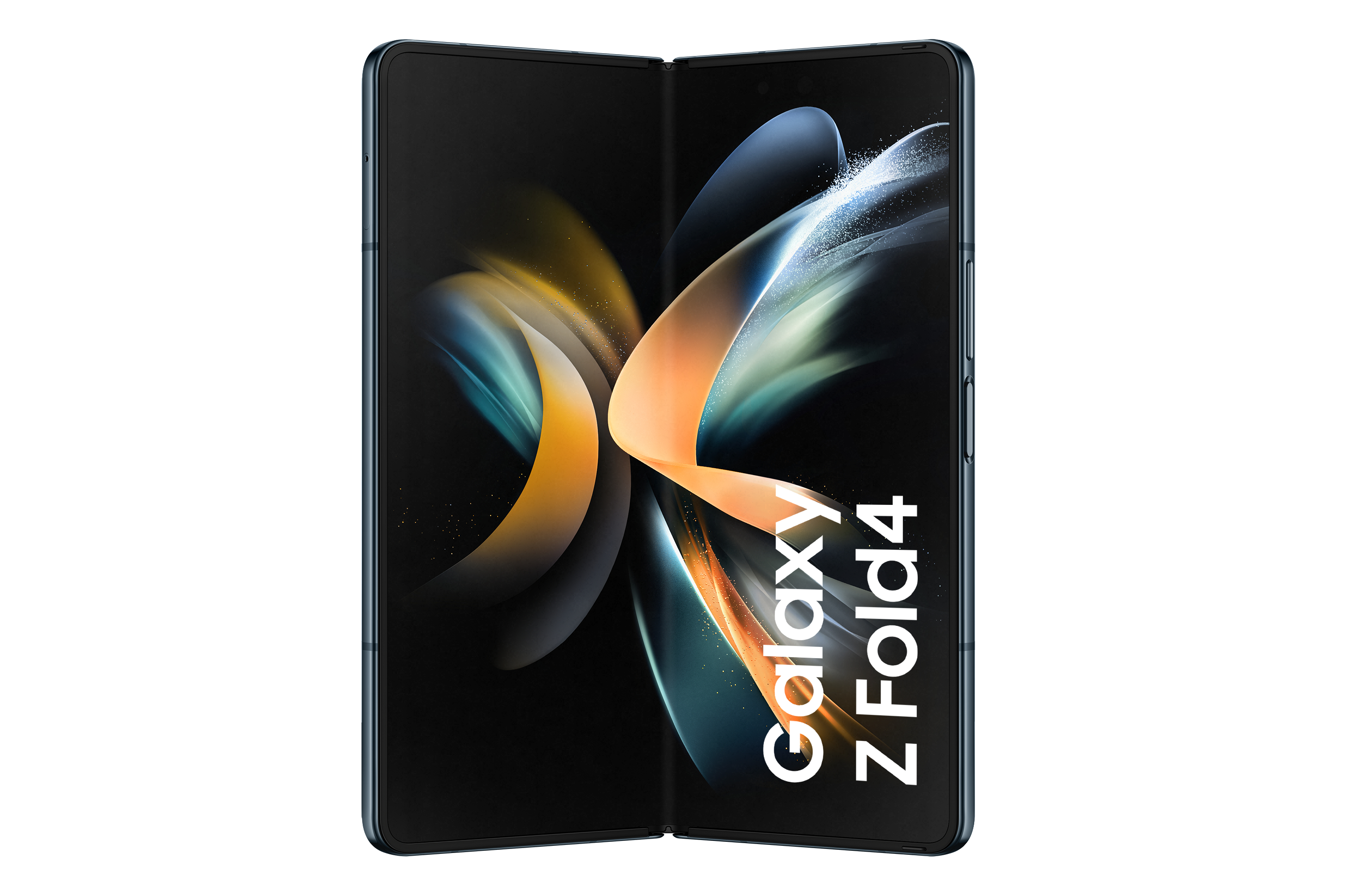 Ein marineblaues Telefon mit den Worten Galaxy Z Fold4 auf dem Bildschirm.
