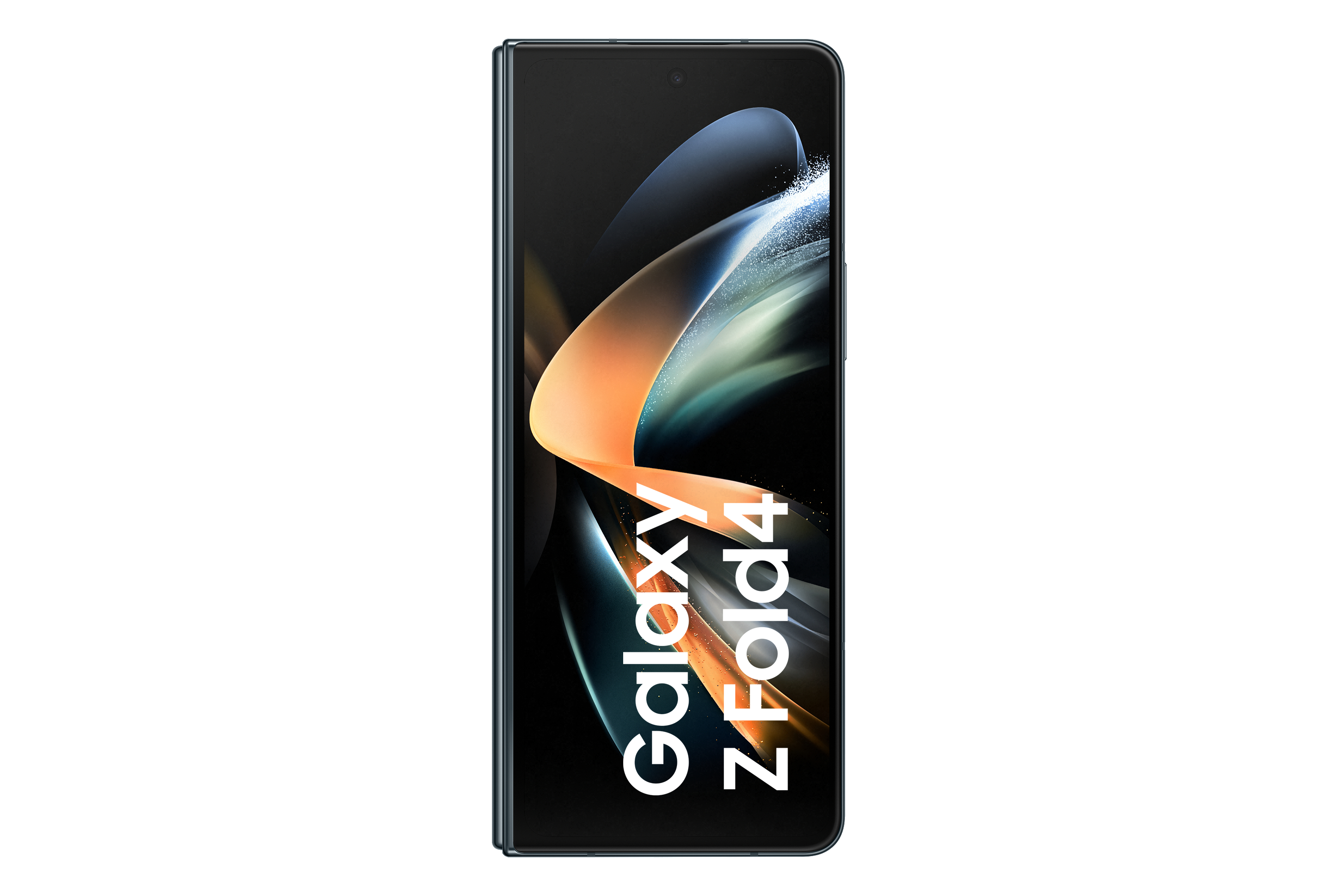 Ein schwarzes Samsung Galaxy Z Fold4 Smartphone, zusammengeklappt. Der Bildschirm zeigt ein farbenfrohes abstraktes Bild.