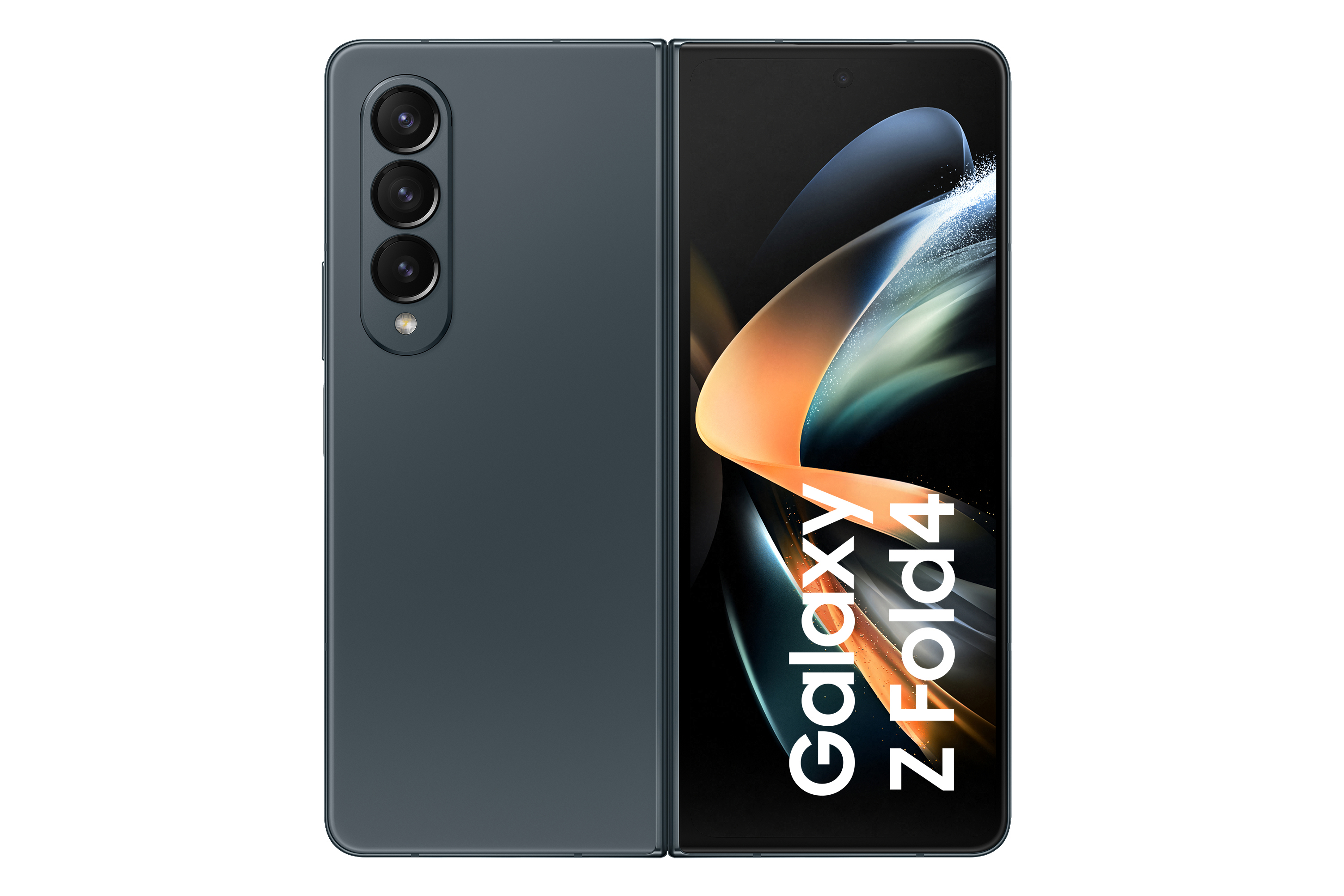 Faltbares Smartphone, offen, mit zwei Bildschirmen. Dunkelgraue Farbe. 'Galaxy Z Fold4' auf dem Bildschirm.