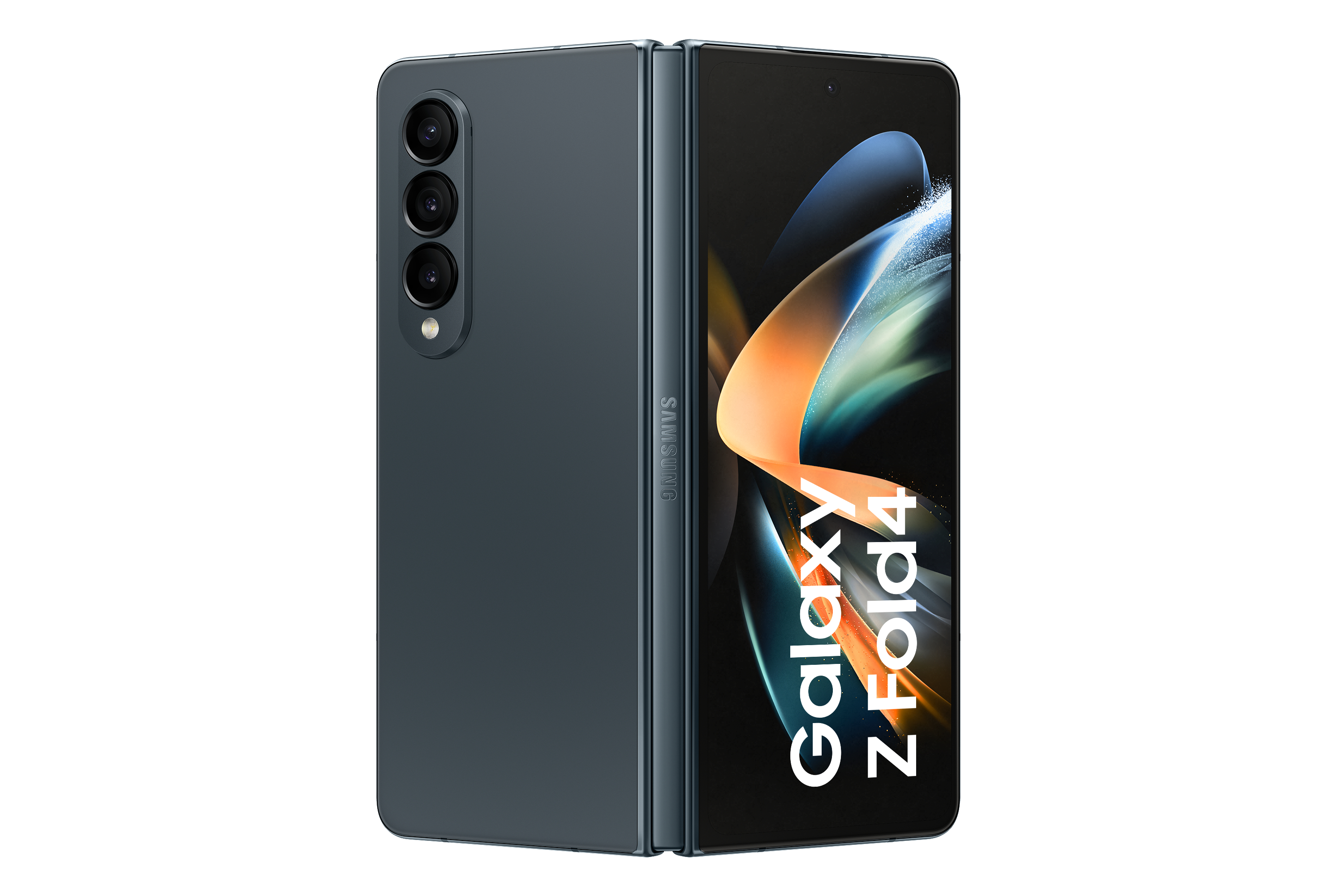 Ein geschlossenes blau-graues Samsung Galaxy Z Fold4 Telefon. Die Rückseite zeigt drei Kameras und das Samsung-Logo.