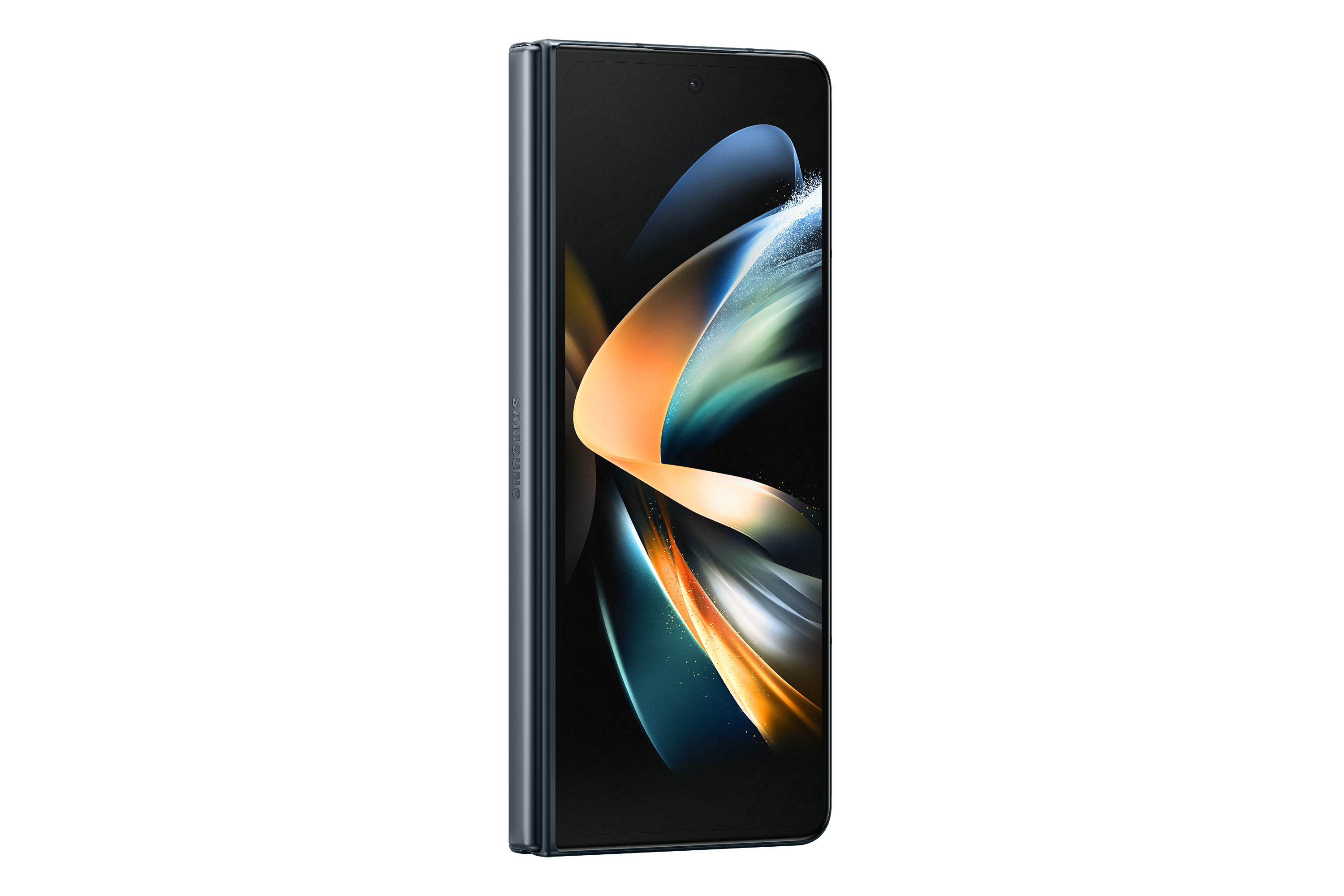 Aufgeklapptes faltbares Telefon, zeigt einen Bildschirm mit abstraktem Design in Dunkelblau.