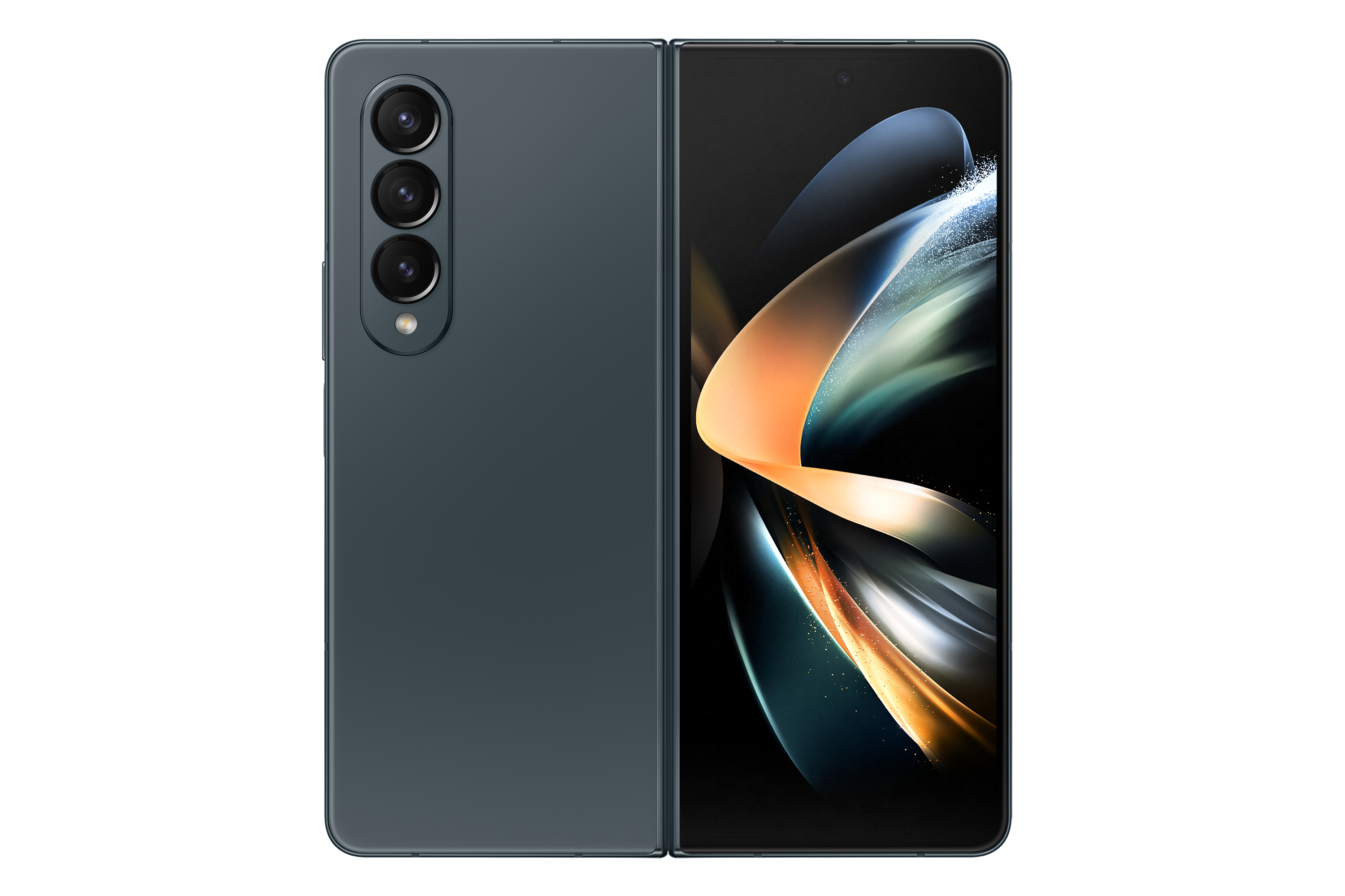Ein dunkelblaues, offenes, faltbares Telefon. Der Bildschirm ist geöffnet und zeigt ein farbenfrohes Design.