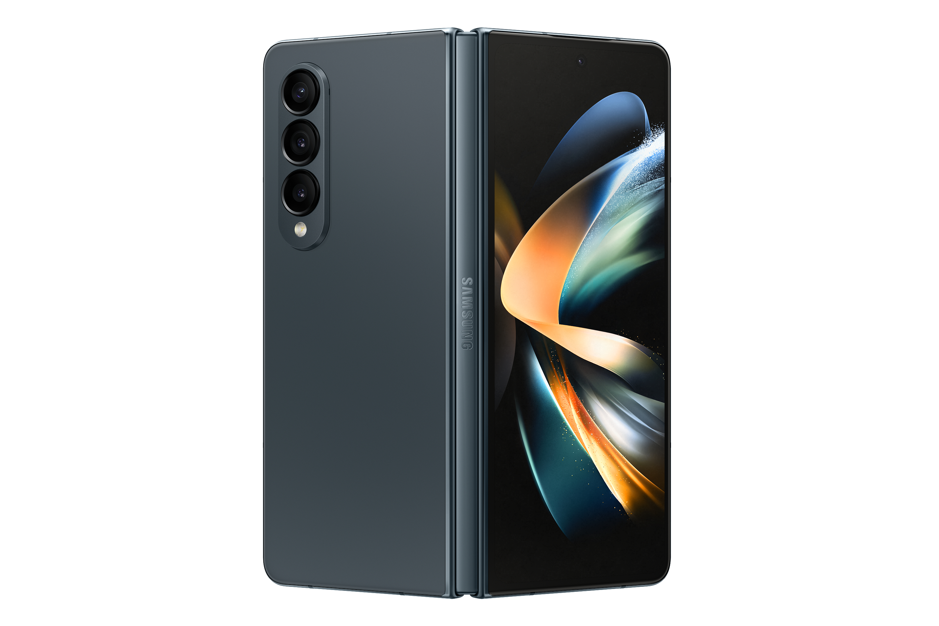 Faltbares Telefon, geschlossen. Dunkelgraue Farbe. Drei Kameras vertikal ausgerichtet. Samsung-Logo auf der Rückseite.