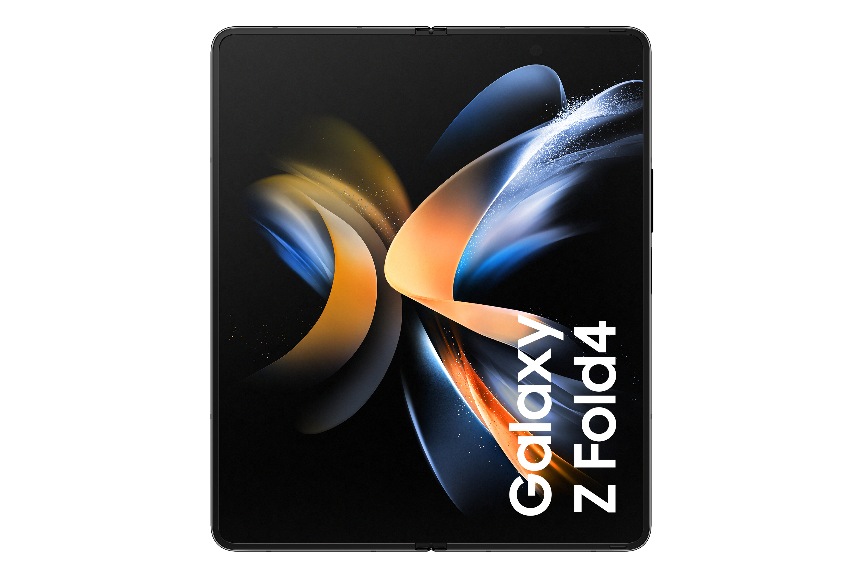Offenes faltbares Telefon mit farbenfrohem abstraktem Bild. Galaxy Z Fold4 Text. Schwarzes Telefon mit Goldakzenten.