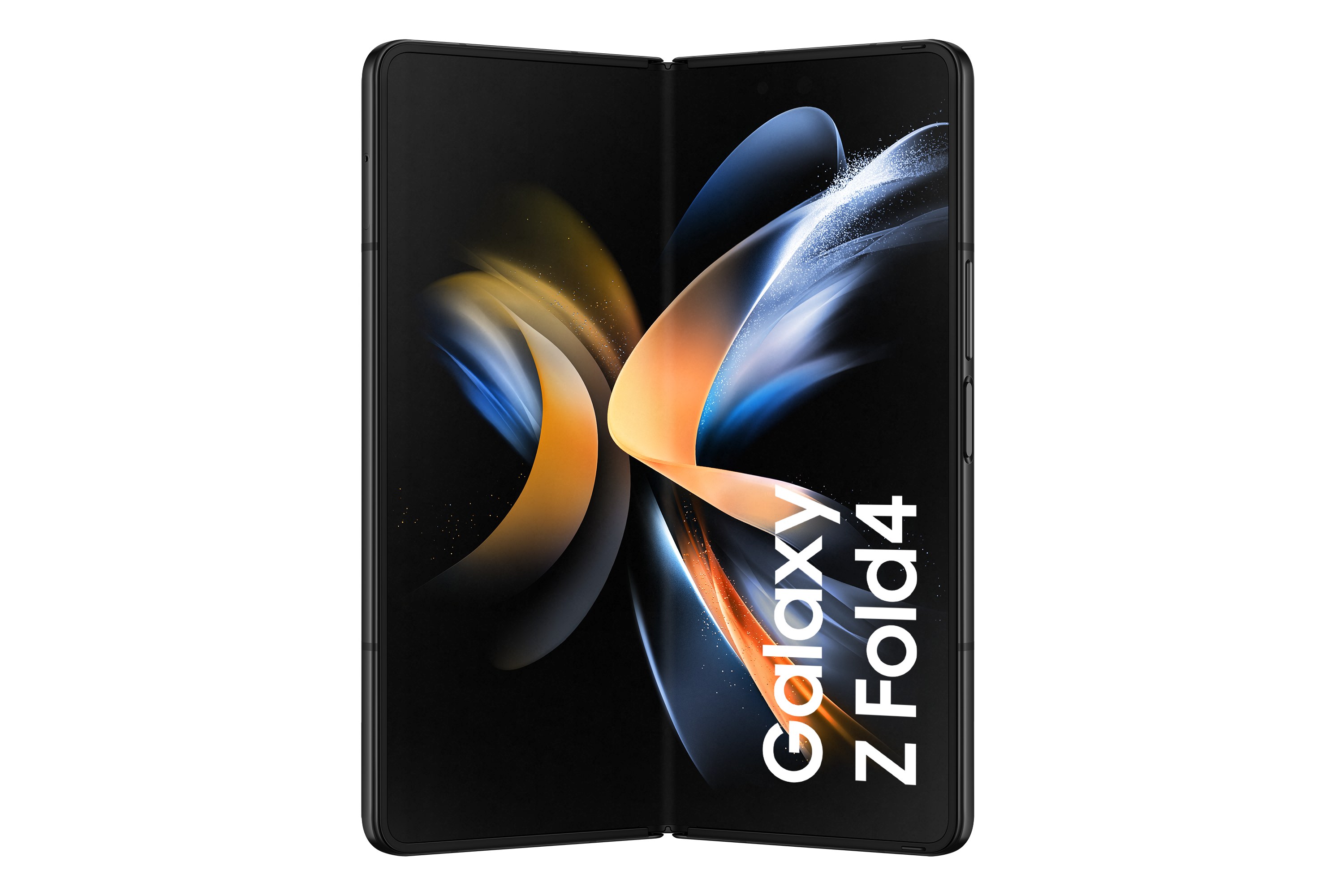 Faltbares schwarzes Smartphone, offen. Zeigt weißen Text: Galaxy Z Fold4. Weißer Hintergrund.