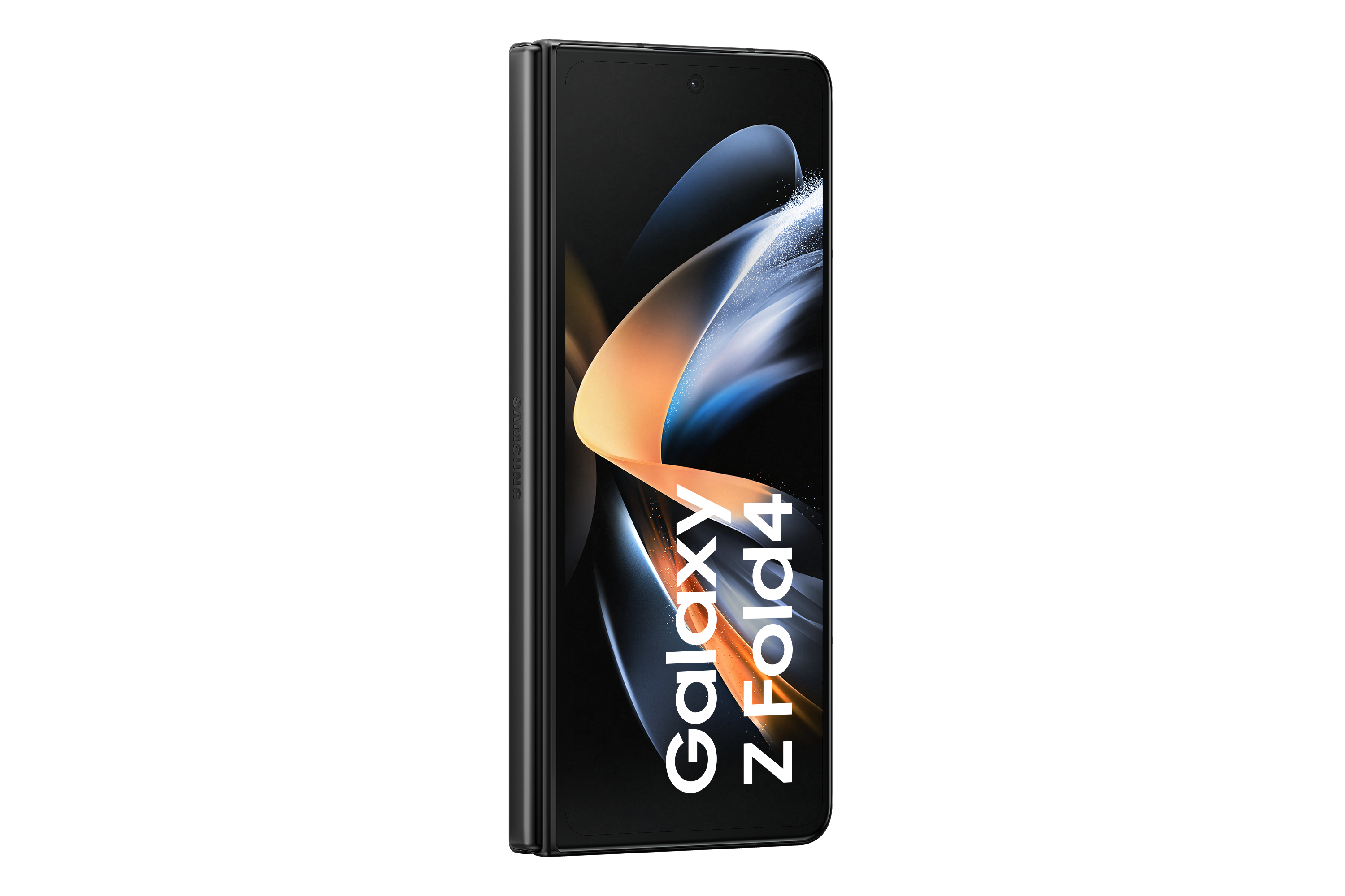 Schwarzes Samsung Galaxy Z Fold4-Telefon. Das Telefon ist aufgeklappt und zeigt den inneren Bildschirm. Samsung-Logo.