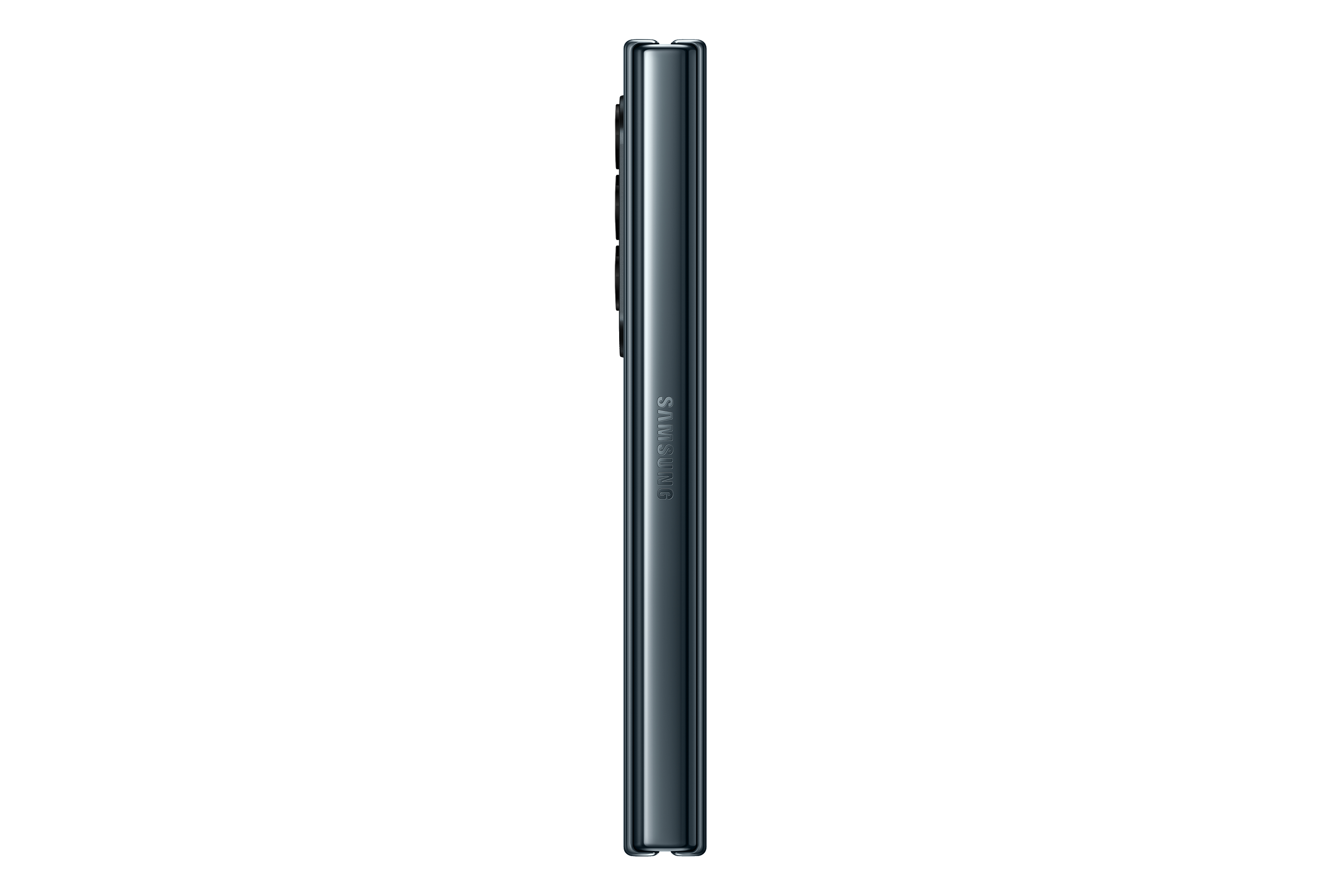 Dunkelgraues, zusammenklappbares Samsung-Handy, geschlossen, aufrecht.
