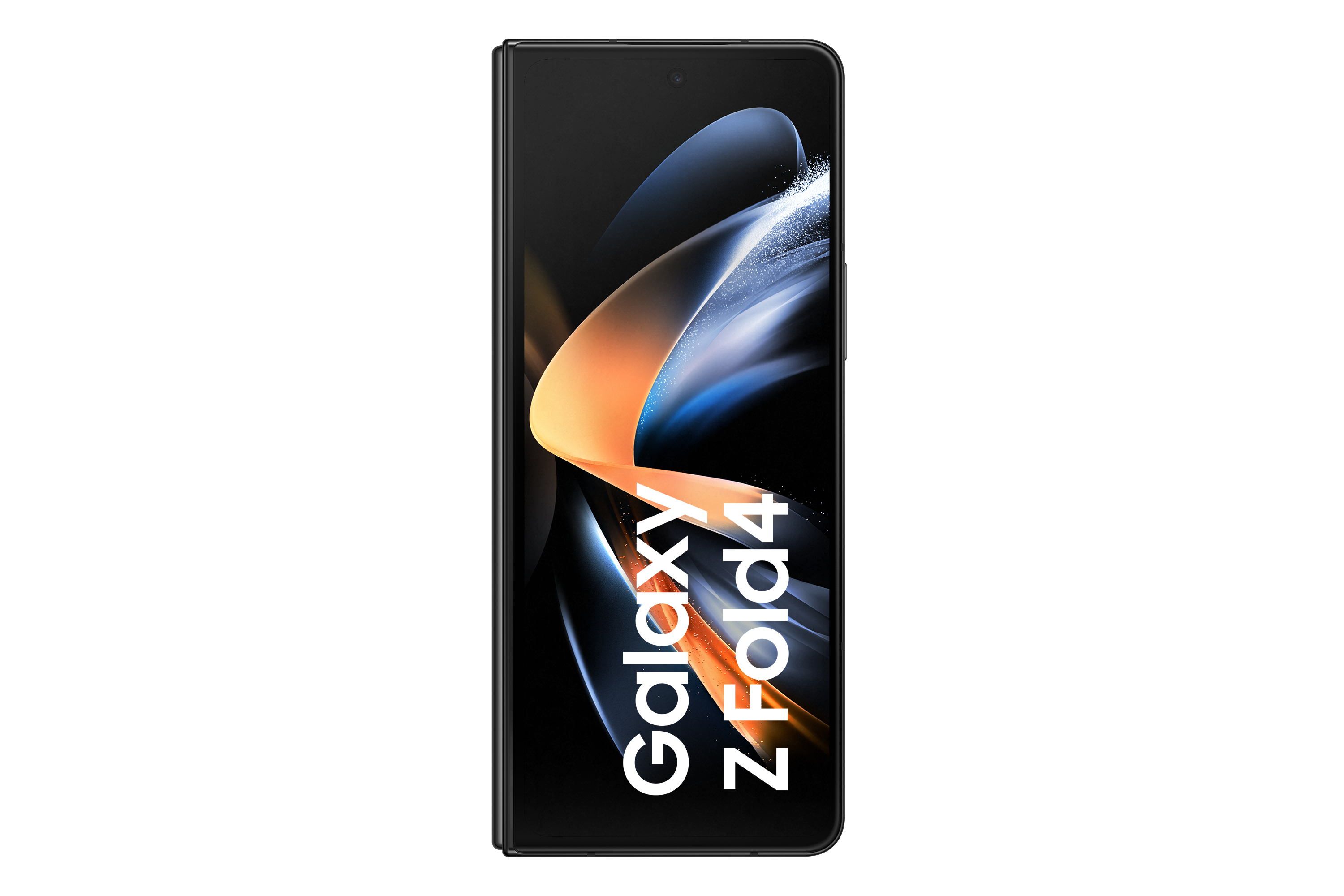 Schwarzes Samsung Galaxy Z Fold4-Telefon mit großem Display, das ein farbenfrohes Design zeigt.