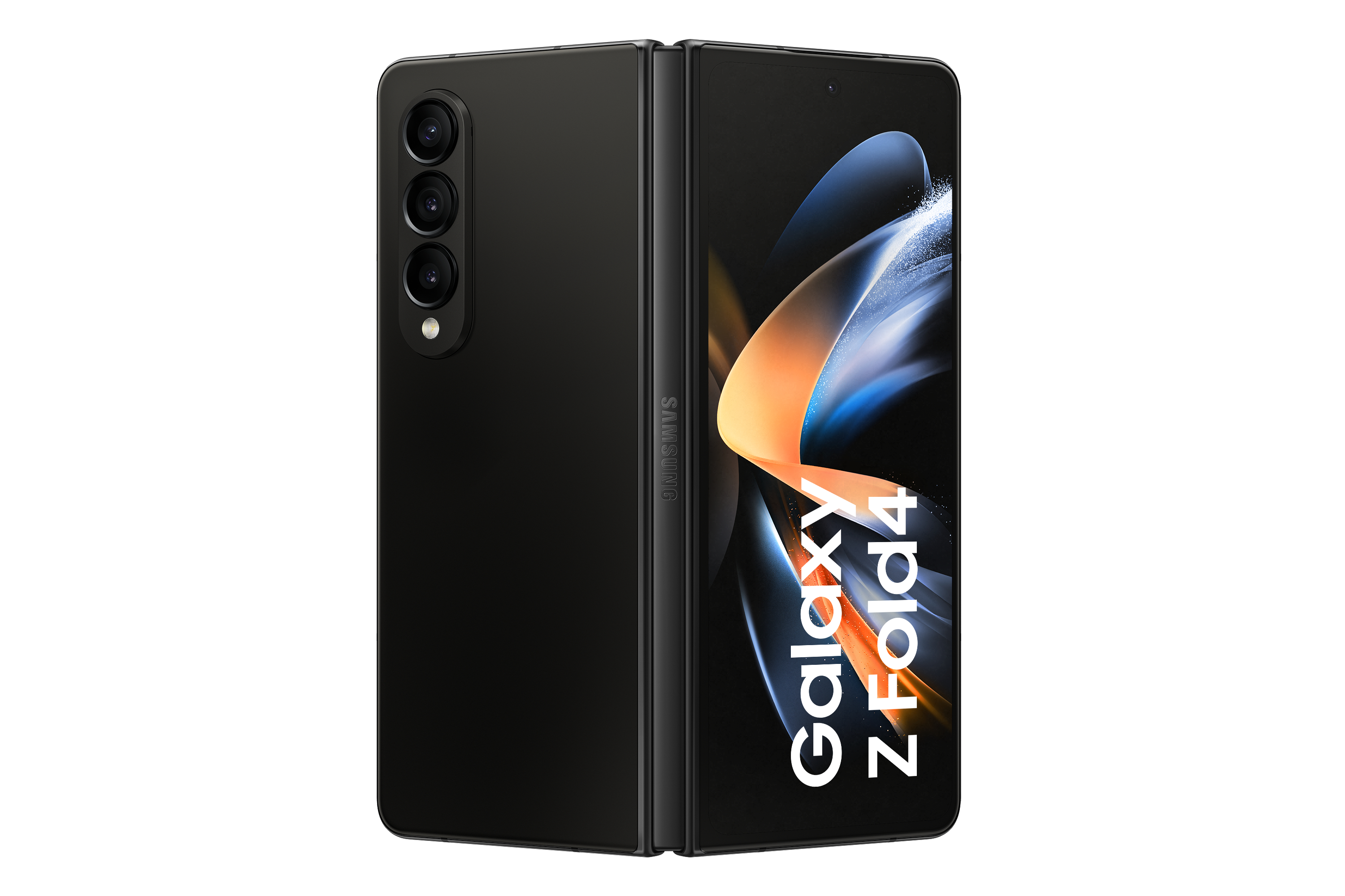 Ein schwarzes Samsung Galaxy Z Fold4, geöffnet und geschlossen, zeigt den Bildschirm.