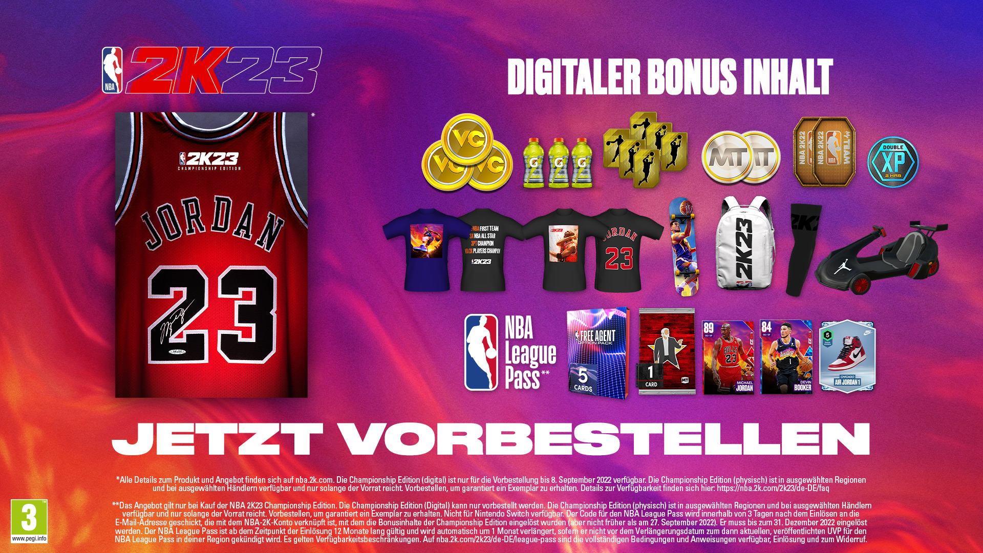 NBA 2K23 Game-Promo. Trikot, Spielerkarten und weitere digitale Bonusinhalte werden gezeigt.
