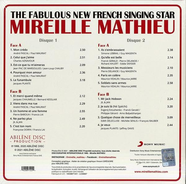 Mireille Mathieu régi bakelit lemezborítója, dalok listájával és adatokkal.
