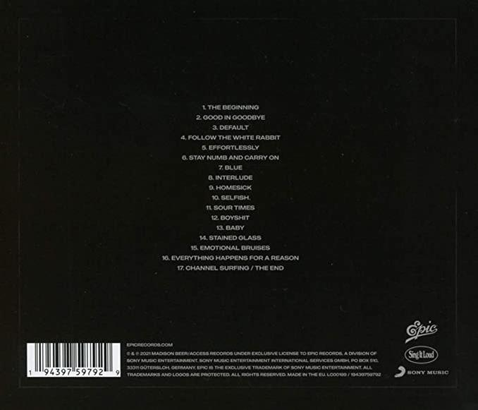Egy CD hátlapja egy számlistával, az Epic Records, a Sony Music logóival és egy vonalkóddal.