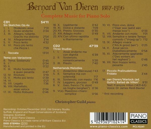 Christopher Guild - Dieren,Bernar van:Complete Music For Piano Solo  - (CD)