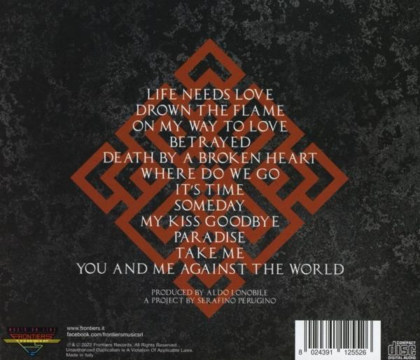 Album-Cover mit Songliste und orangem geometrischem Muster auf dunklem Hintergrund.