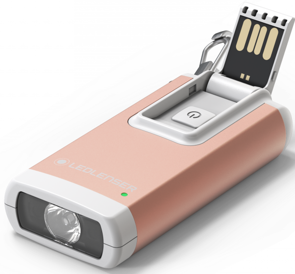 Lampe de poche LEDLenser or rose avec un port USB.
