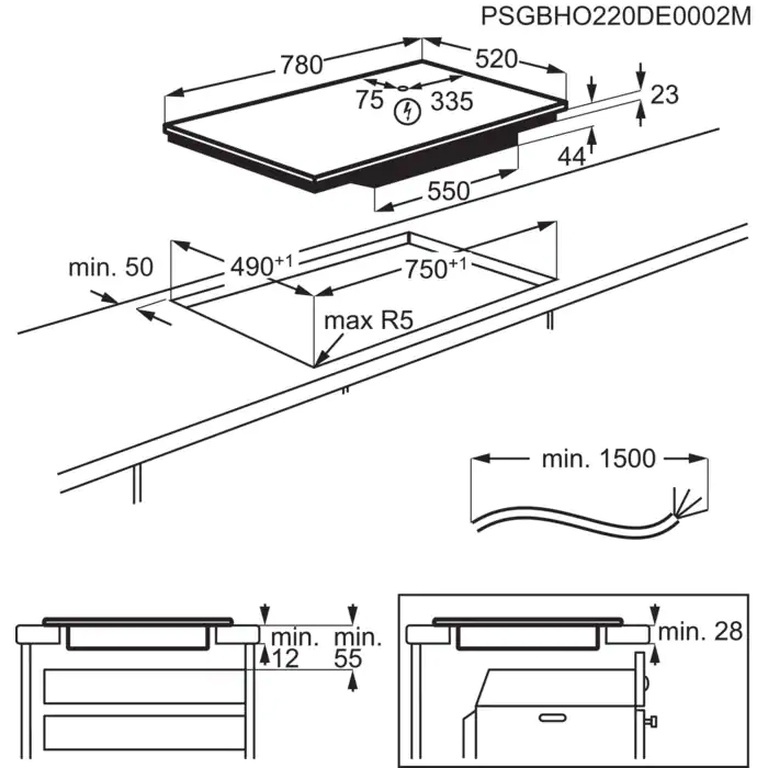 Indukciós főzőlap diagramja méretekkel. Felülnézet és oldalsó nézetek láthatók.