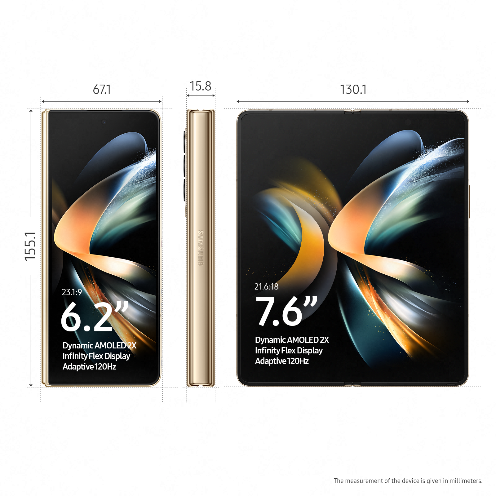 Telefon boyutları diyagramı. Katlanmış ve açılmış görünümler, ölçülerle birlikte. Ekran 6,2" ve 7,6" gösteriyor.