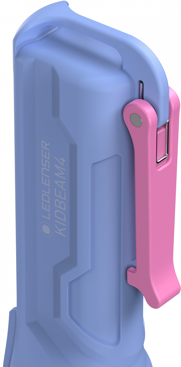 Primo piano di una torcia LEDLENSER KIDBEAM4 blu con clip rosa.