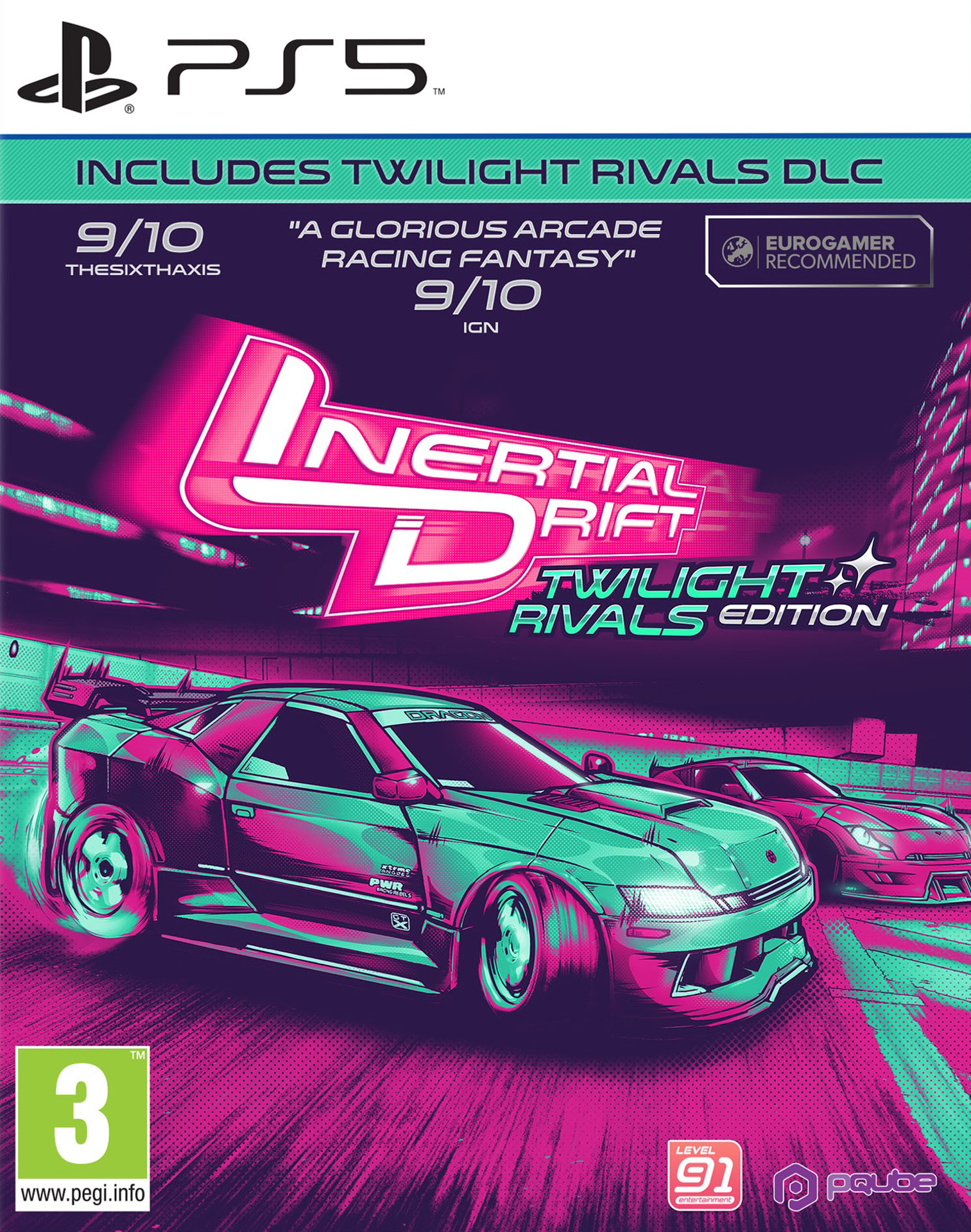 Jaquette de jeu vidéo PS5. Deux voitures de sport. Le titre est 'Inertial Drift'. Rose, violet et bleu.