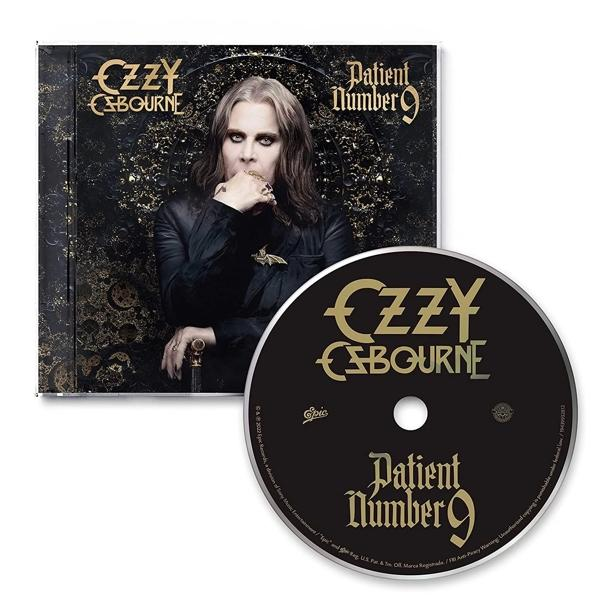 Ozzy Osbourne 'Patient Number 9' című albumának borítója és CD-je. Fekete és arany dizájn. Sötét háttér.