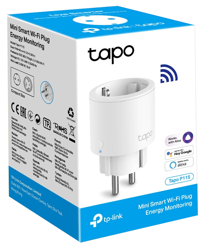 Weißer und schwarzer Tapo Smart Plug, Verpackung mit Logo, weißer Hintergrund.