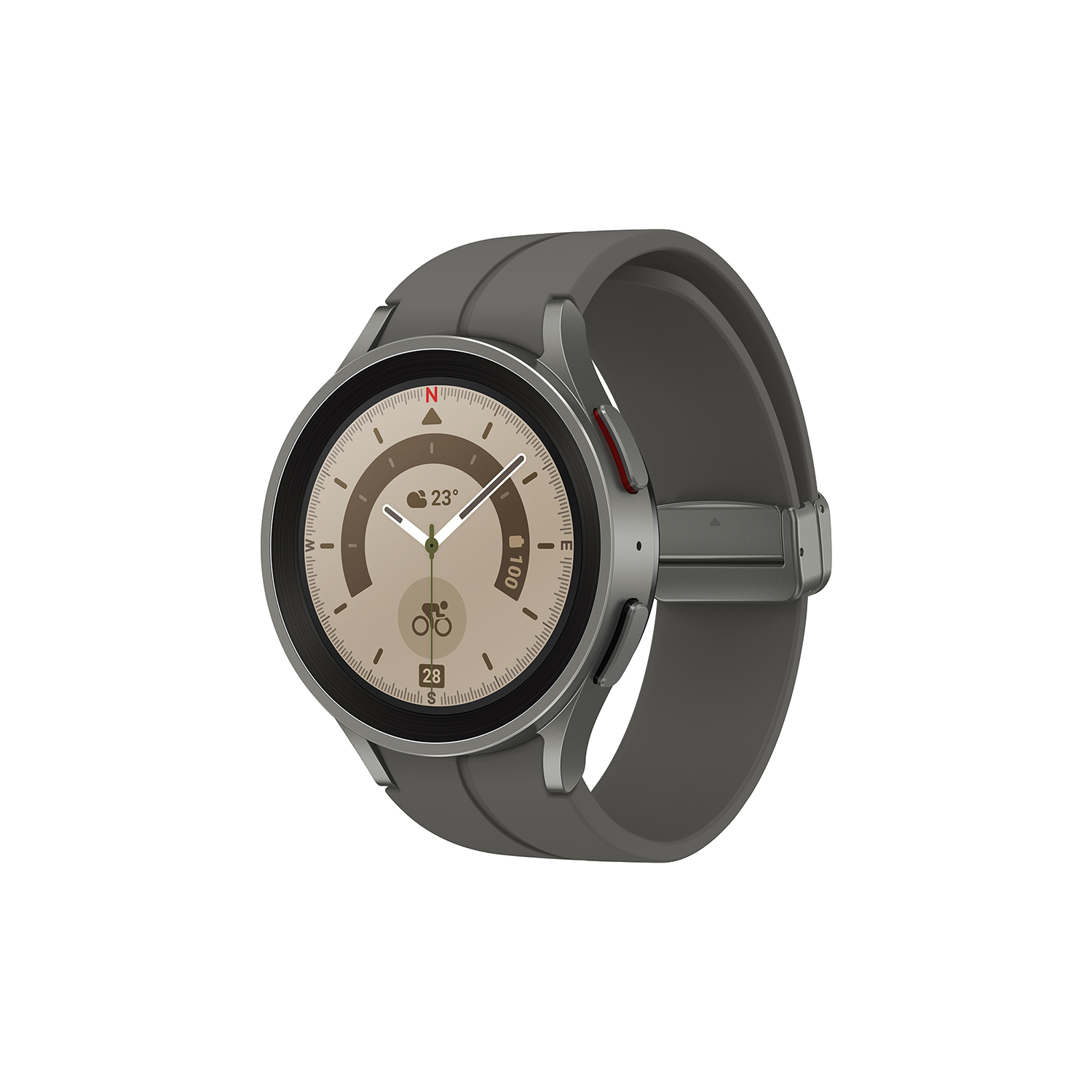 Smartwatch gris sobre negro. Muestra la hora y otras métricas. Correa gris con botón rojo.
