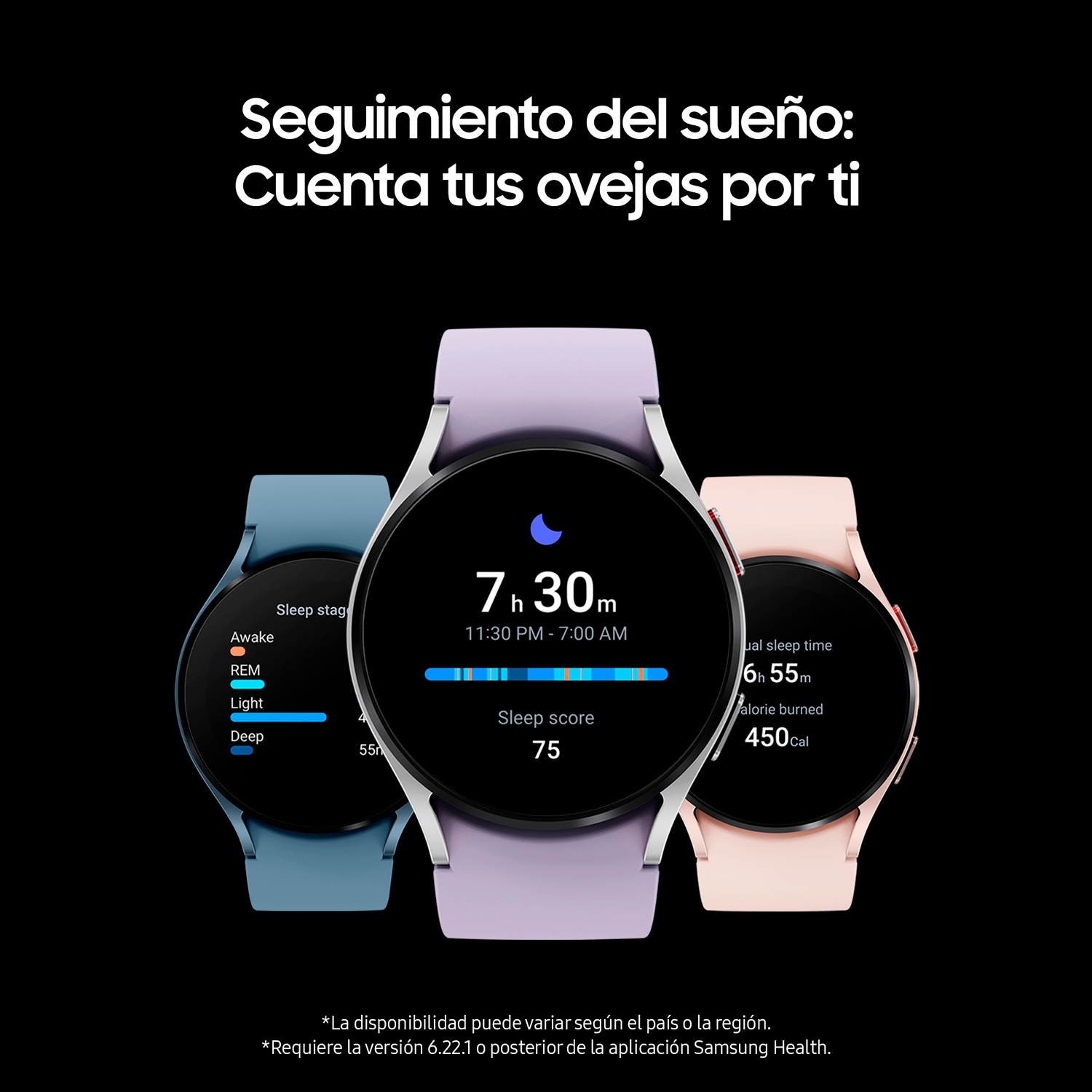 Tres smartwatches mostrando datos de sueño. El texto dice 'Seguimiento del sueño: Cuenta tus ovejas por ti'.