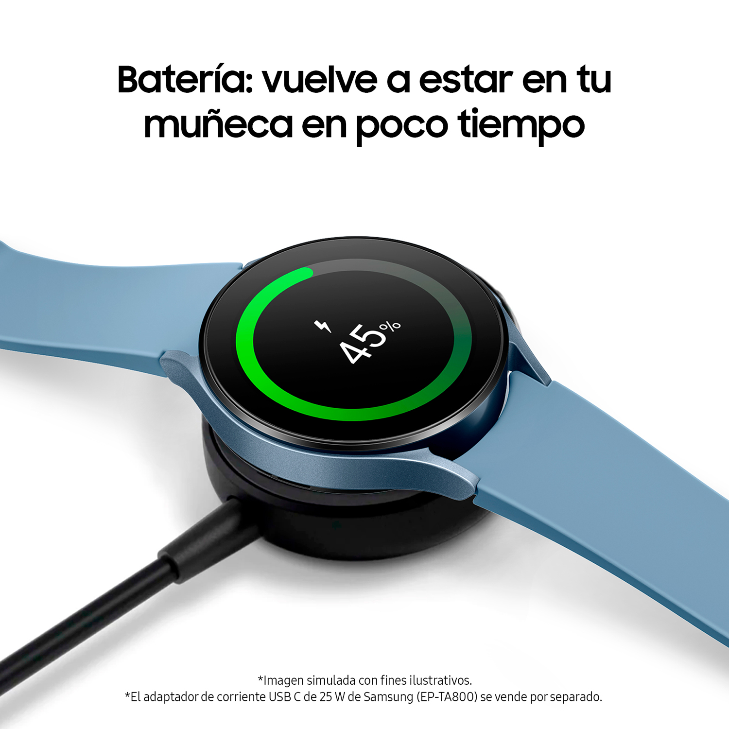 Un reloj inteligente azul cargándose. La esfera del reloj muestra un 45% de carga. Un cable de carga negro está conectado.