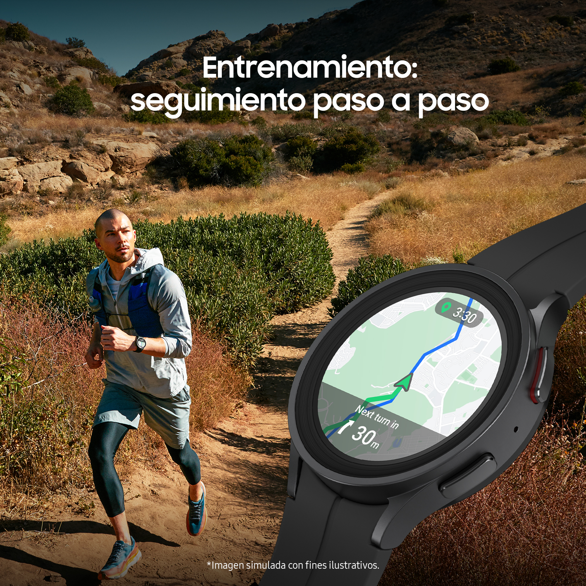 Un hombre corriendo con un reloj inteligente que muestra un mapa durante el ejercicio.