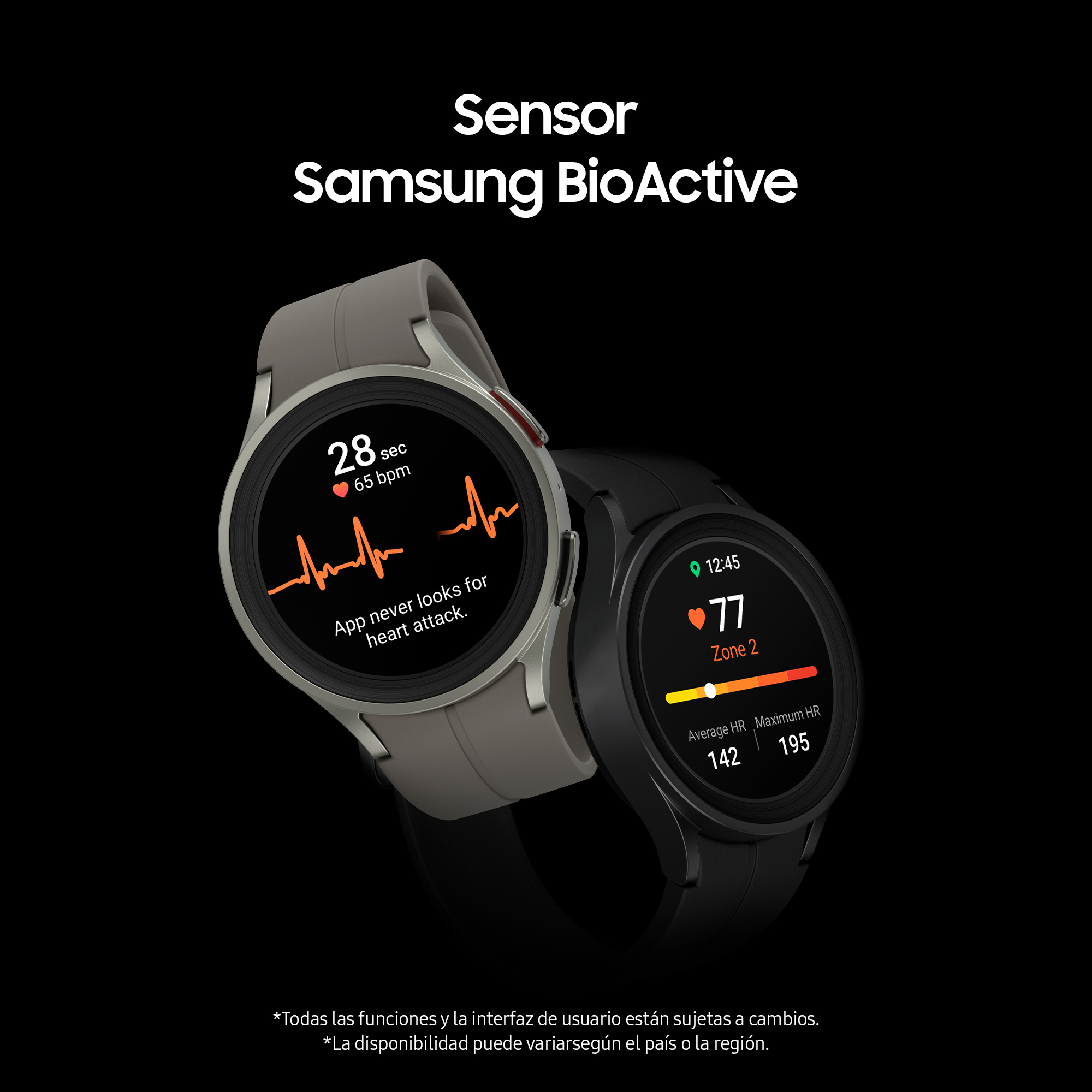 Dos smartwatches sobre fondo negro. Uno es gris, mostrando datos de frecuencia cardíaca. El otro es negro.