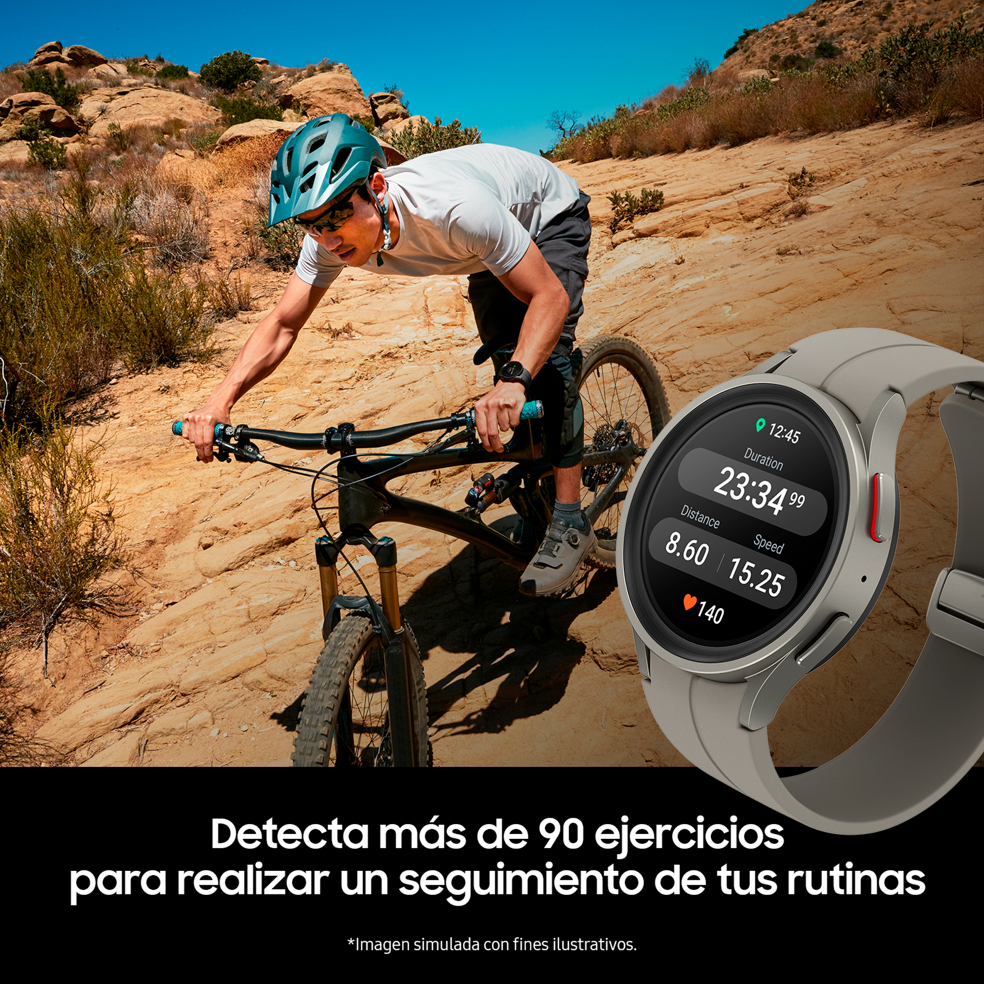 Hombre en bicicleta de montaña con un reloj inteligente que muestra estadísticas. Lleva casco y gafas de sol.