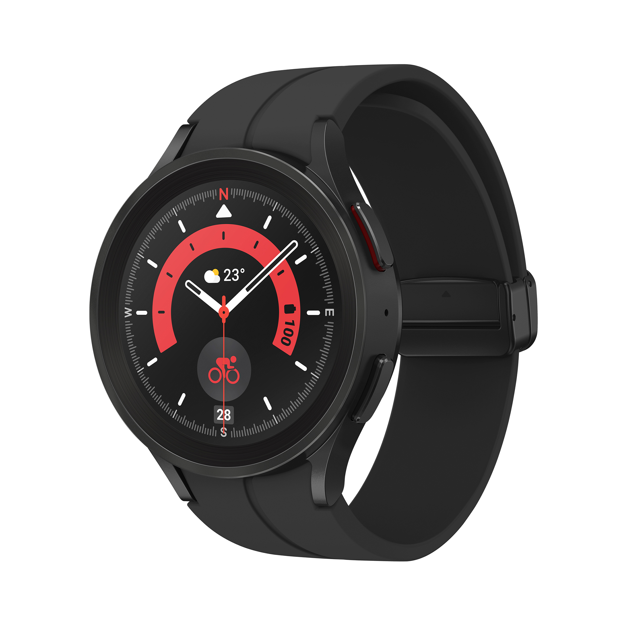 Reloj Samsung Galaxy Watch negro con correa negra. La esfera muestra detalles rojos y blancos.
