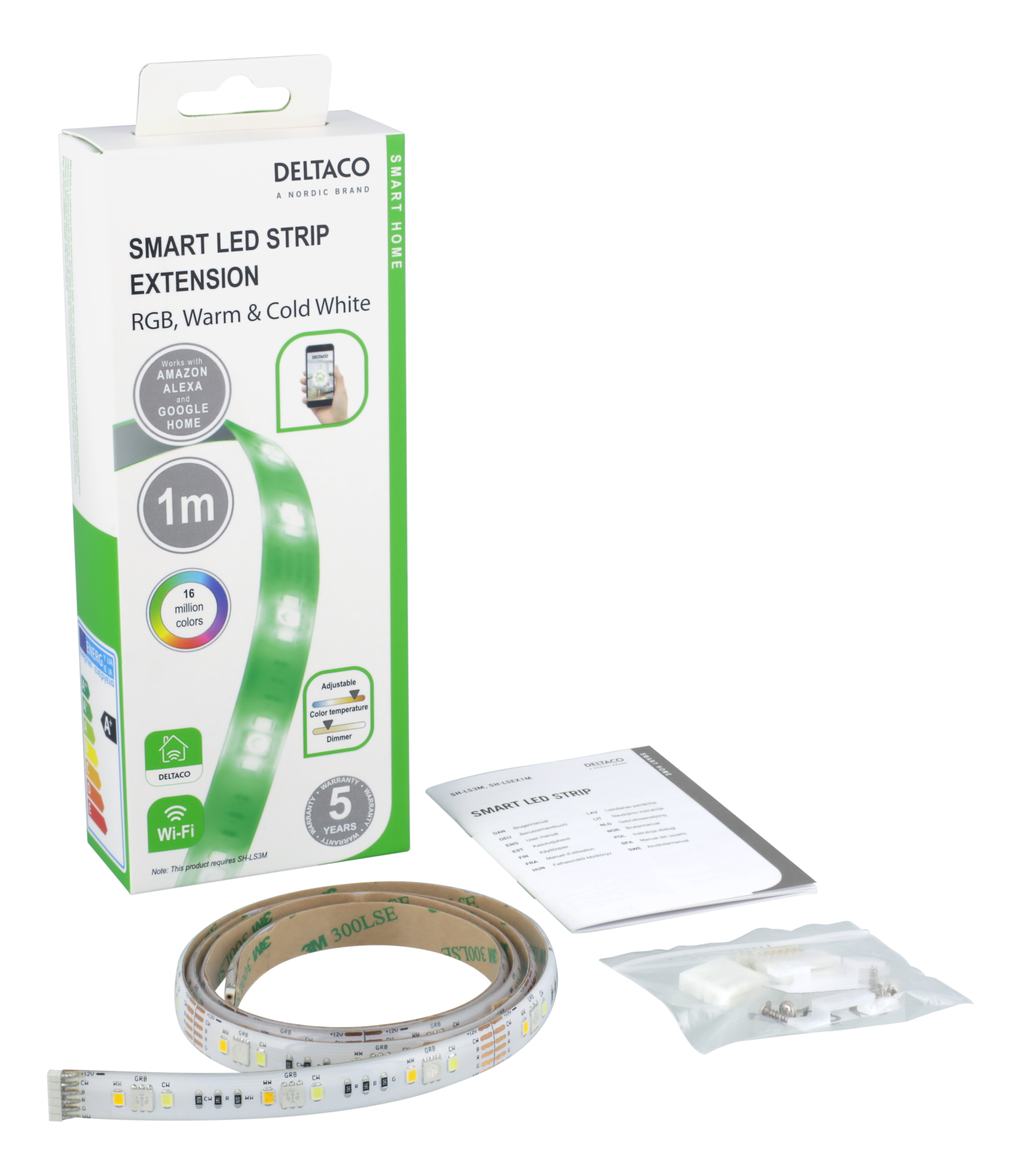 Ein Smart-LED-Streifen-Kit, Box, Streifen und Zubehör sind auf weißer Oberfläche sichtbar.