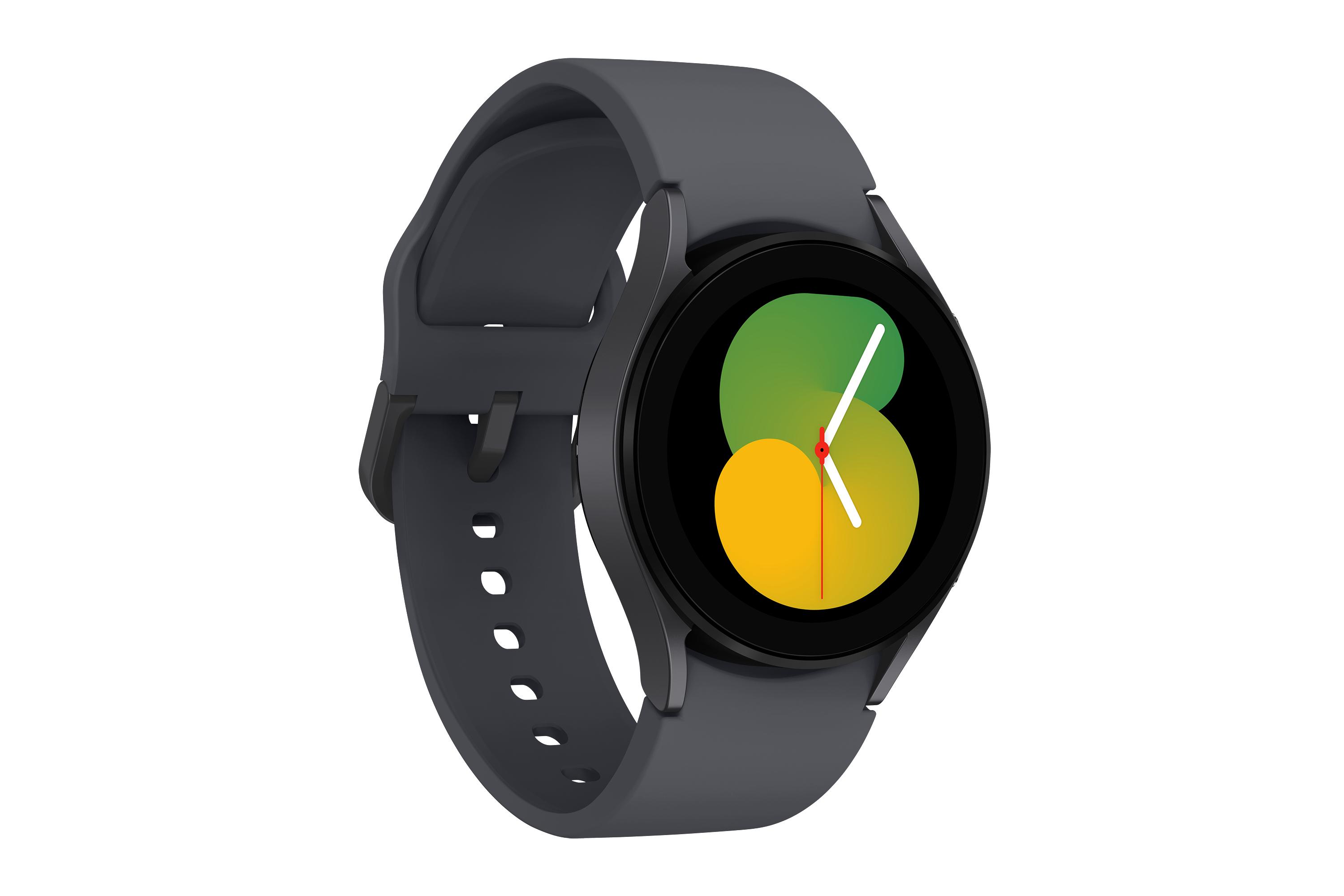 Smartwatch mit dunkelgrauem Armband und schwarzem Zifferblatt. Das Display zeigt farbige Oberfläche.