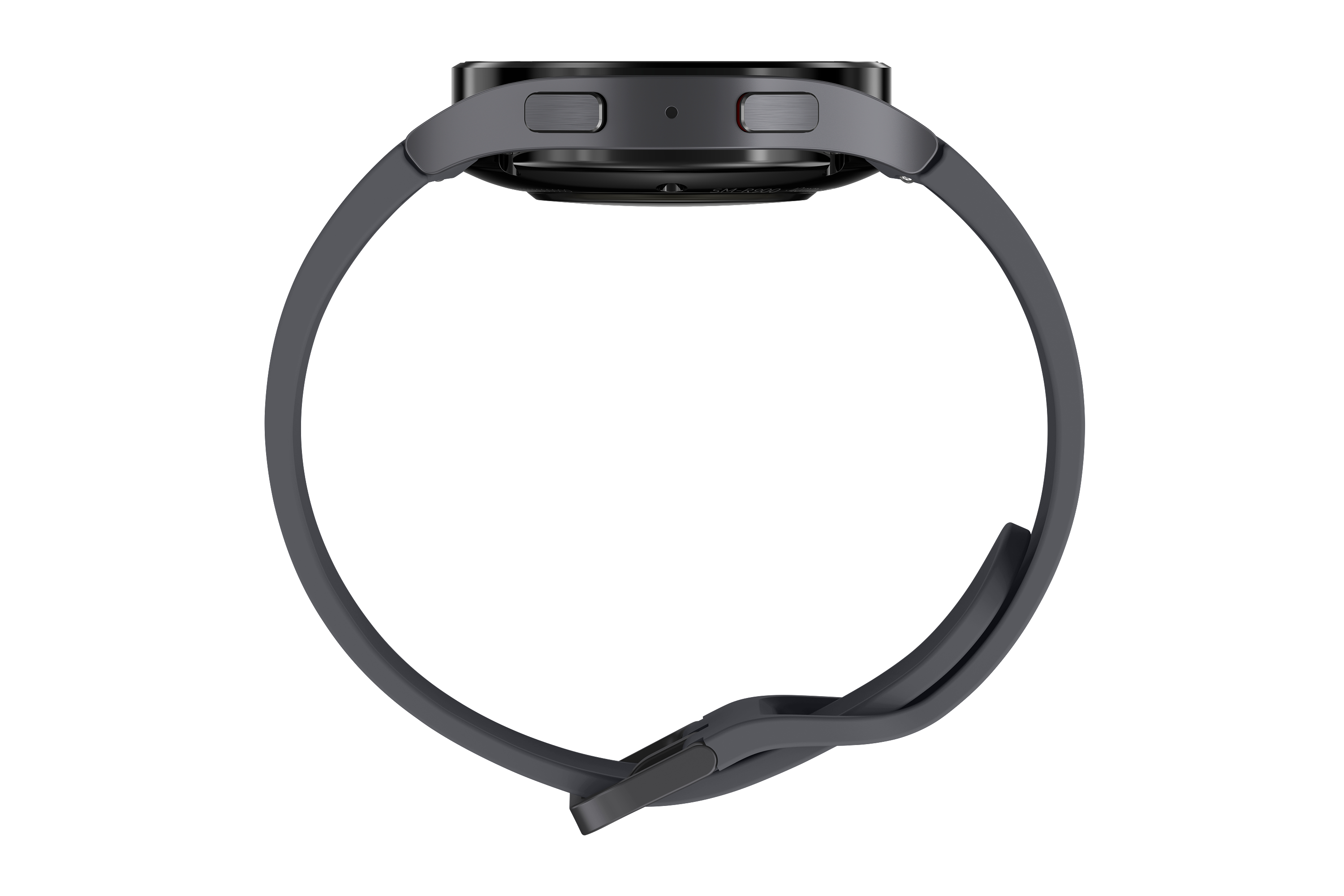 Smartwatch von der Seite. Graues Band und Uhr, die die Seitendetails zeigen.
