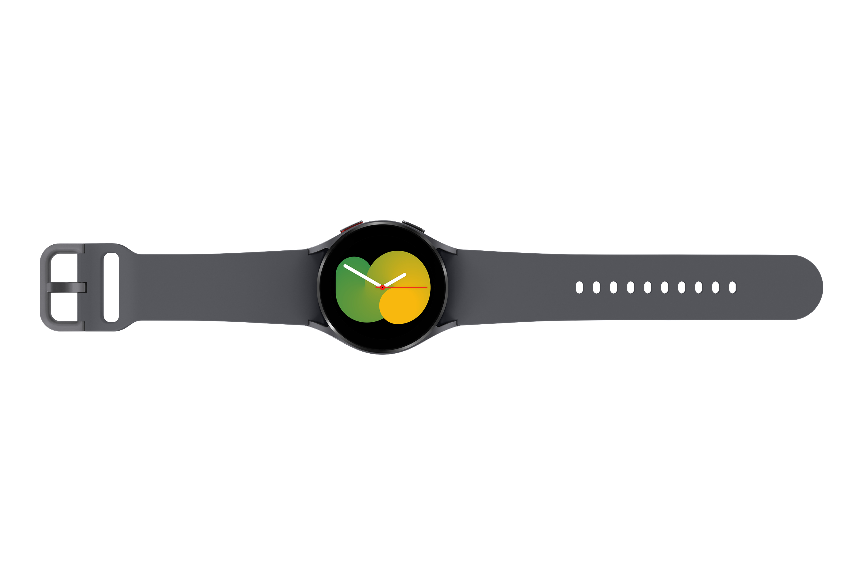 Eine graue Smartwatch mit einem schwarzen Bildschirm, der eine gelbe und grüne Grafik anzeigt. Das Armband ist grau.