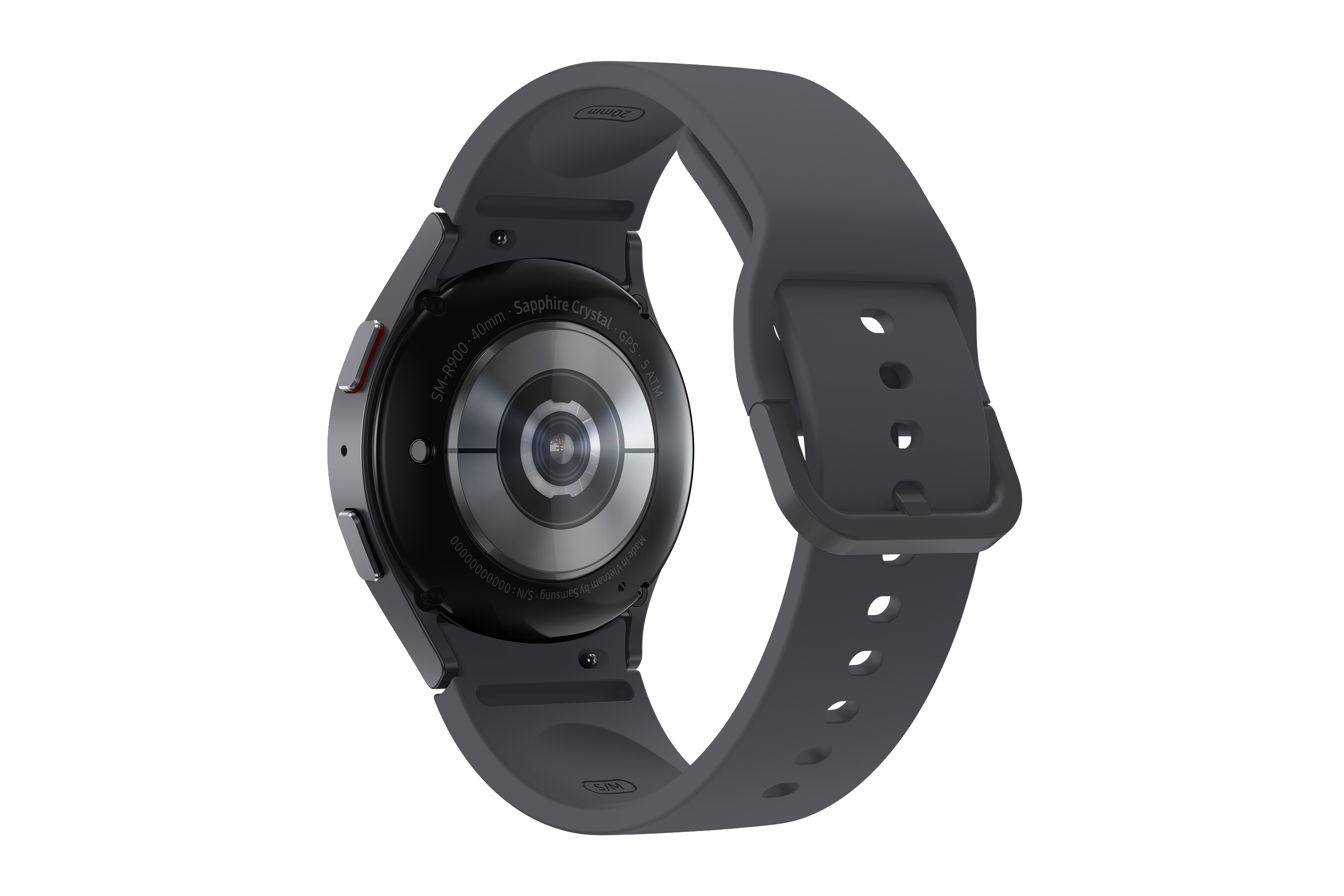 Eine graue Samsung Galaxy Watch 4, von hinten gesehen, mit angebrachtem Armband.