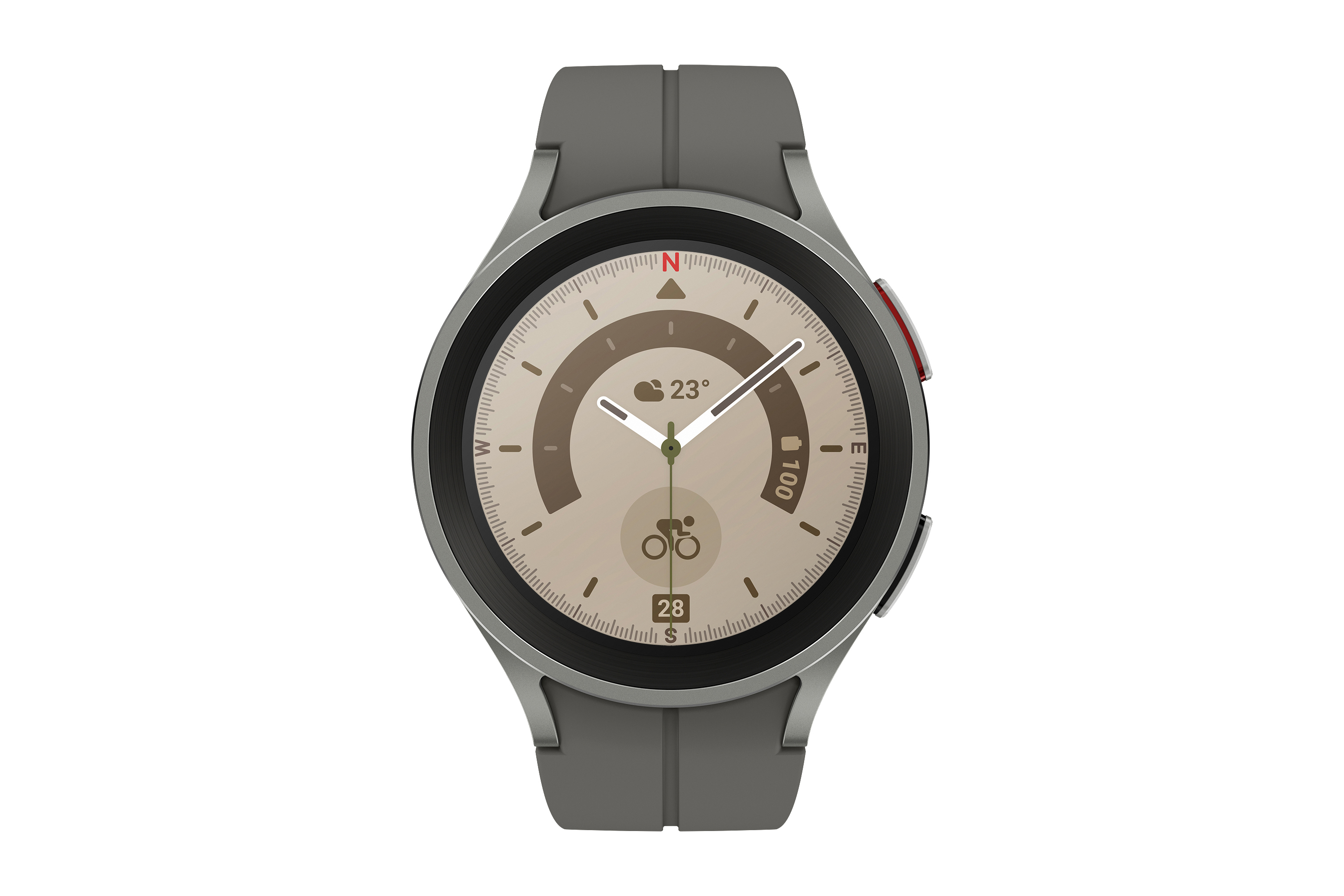 Graue Smartwatch mit rundem Zifferblatt, Anzeige von Uhrzeit, Wetter und Fahrradsymbol. Weißer Hintergrund.