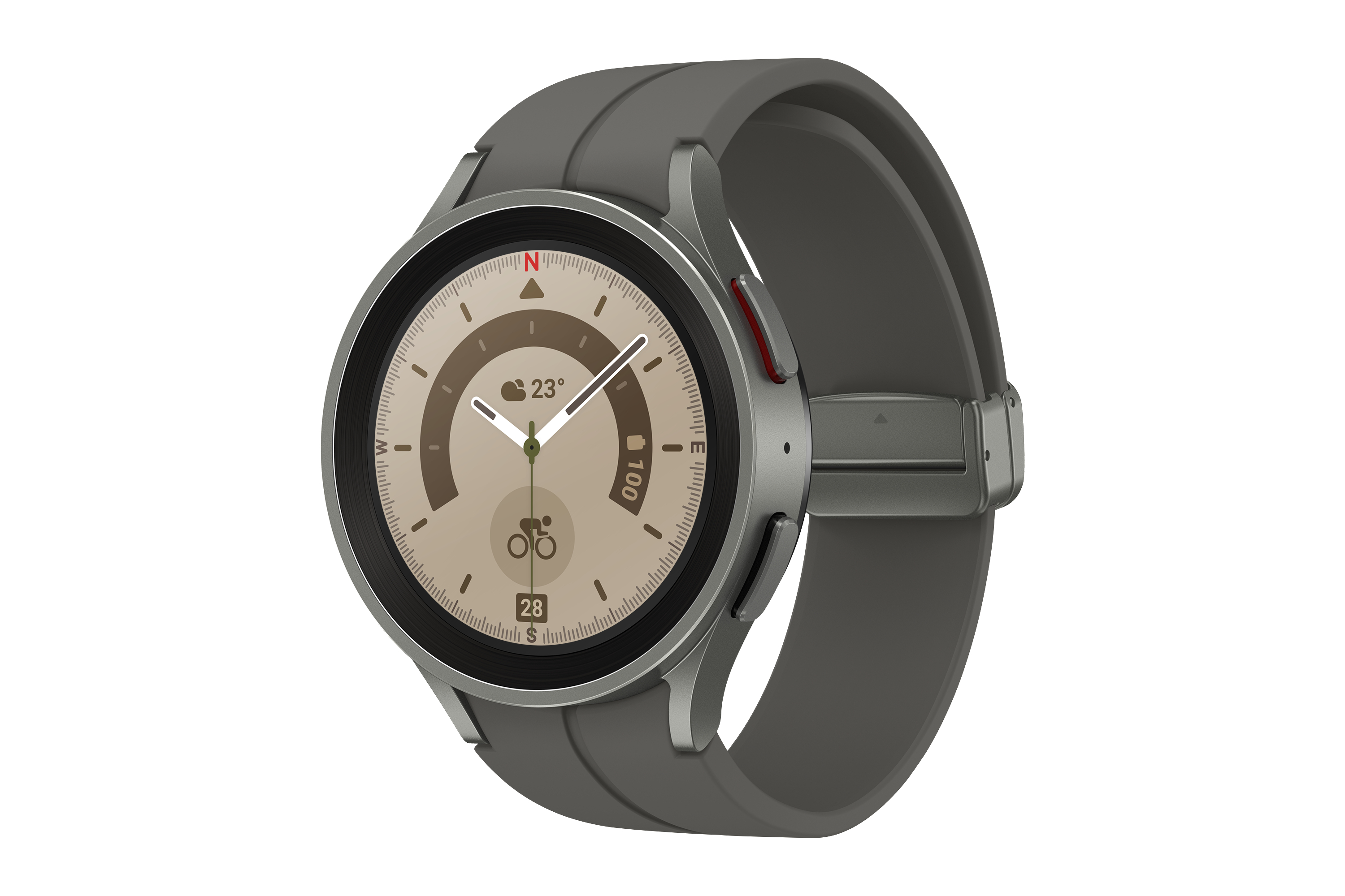 Graue Smartwatch mit rundem Zifferblatt und grauem Armband. Die Uhr zeigt Zeit und Daten.
